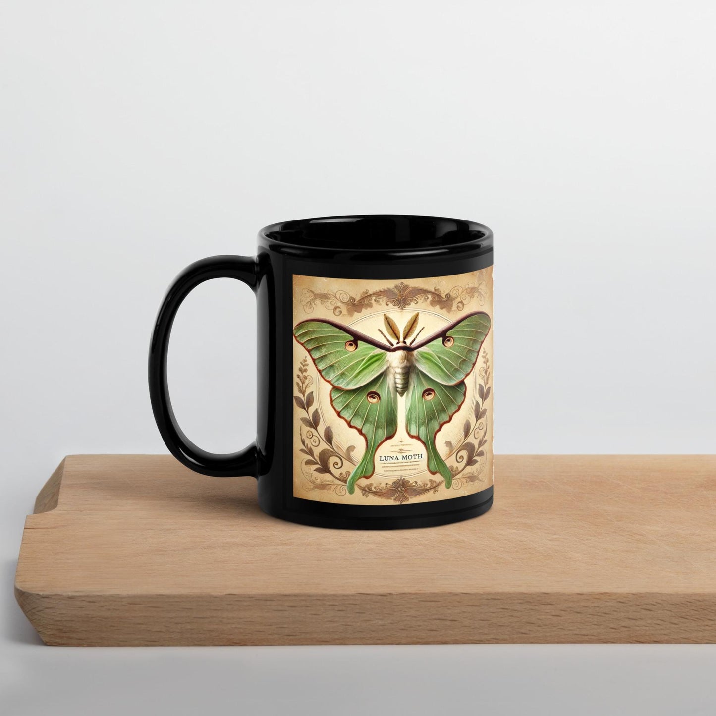 Luna Moth Vintage Design on Black Glossy Mug | Gift for Moth Lover| Unique Moth Design on a Coffee or Tea Mug Gift HANDWASH ONLY