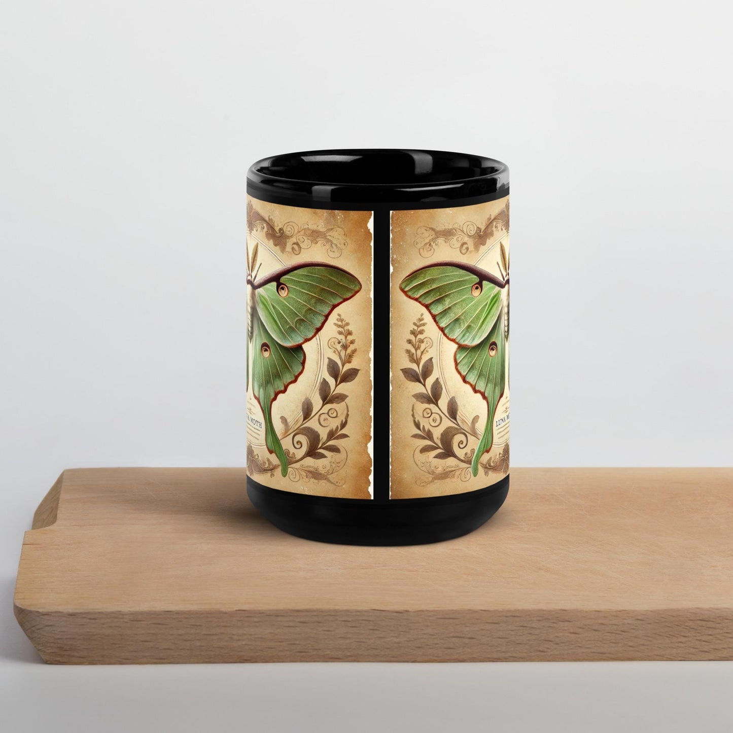 Luna Moth Vintage Design on Black Glossy Mug | Gift for Moth Lover| Unique Moth Design on a Coffee or Tea Mug Gift HANDWASH ONLY