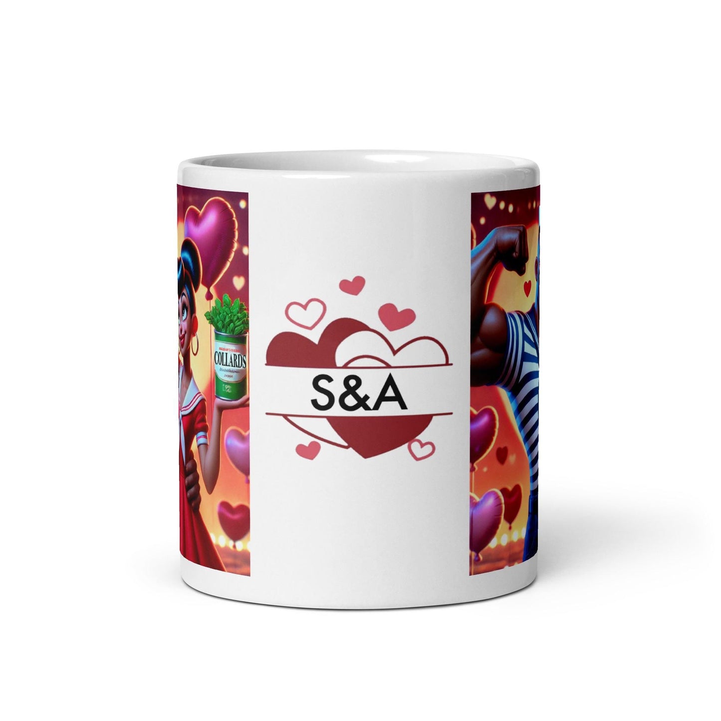 Valentine's White glossy mug with African American Popeye and Olive Oyl like character| Cute Humorous Black Couple Mug with Personalization