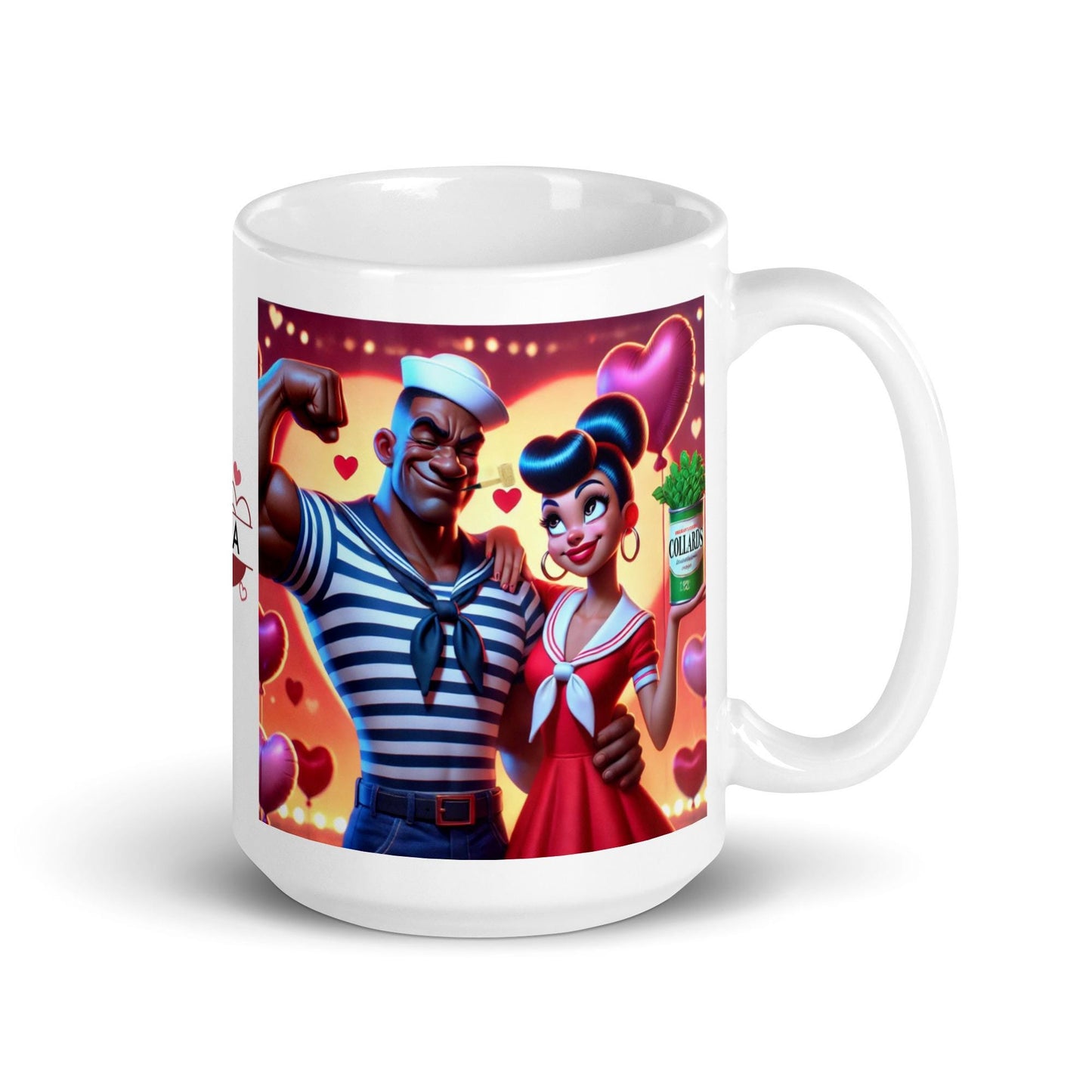 Valentine's White glossy mug with African American Popeye and Olive Oyl like character| Cute Humorous Black Couple Mug with Personalization