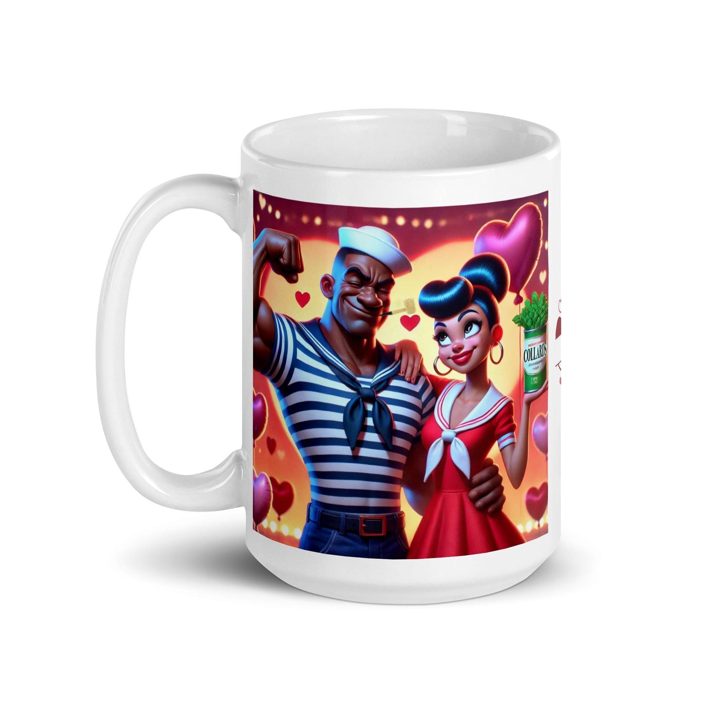 Valentine's White glossy mug with African American Popeye and Olive Oyl like character| Cute Humorous Black Couple Mug with Personalization