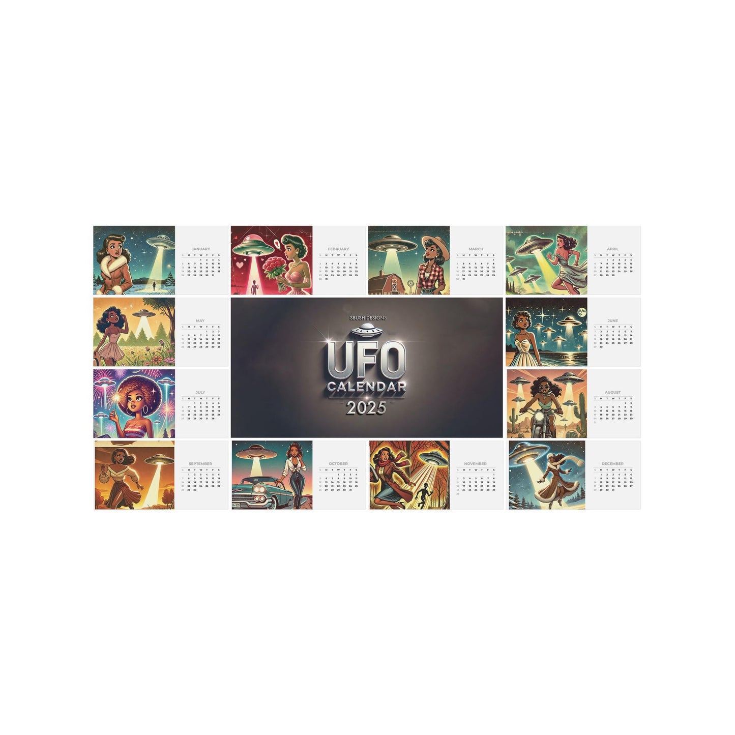 UFO Desktop Calendar (2025) | Vintage Black Women and UFO Scenes | African American SciFi Lover Gift | Black Girl Aesthetic Desktop Calendar
