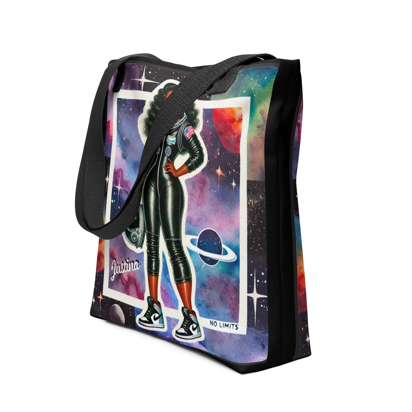 Curvy Black Woman Astronaut Personalized Tote bag |No Limits Black Girl Tote | Afrofuturistic Modern Aesthetic | African American Woman Tote