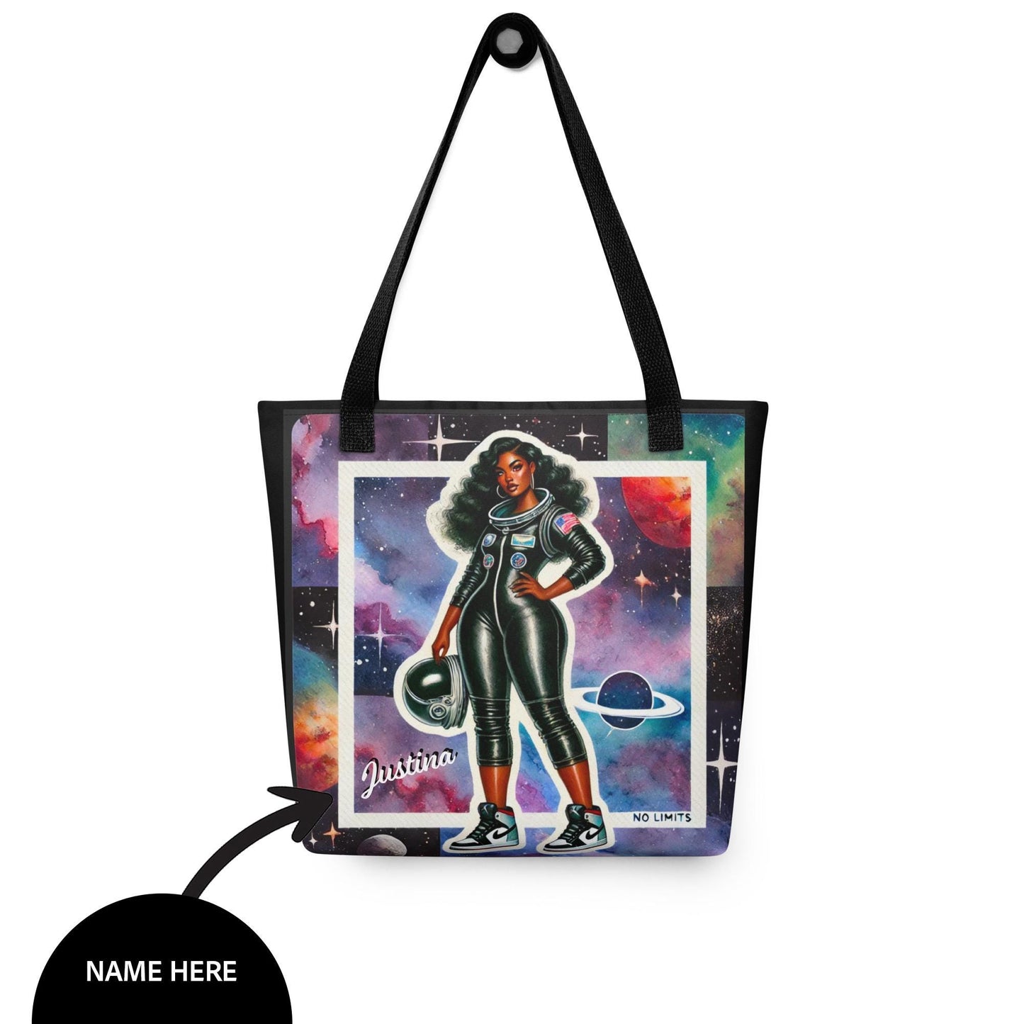 Curvy Black Woman Astronaut Personalized Tote bag |No Limits Black Girl Tote | Afrofuturistic Modern Aesthetic | African American Woman Tote