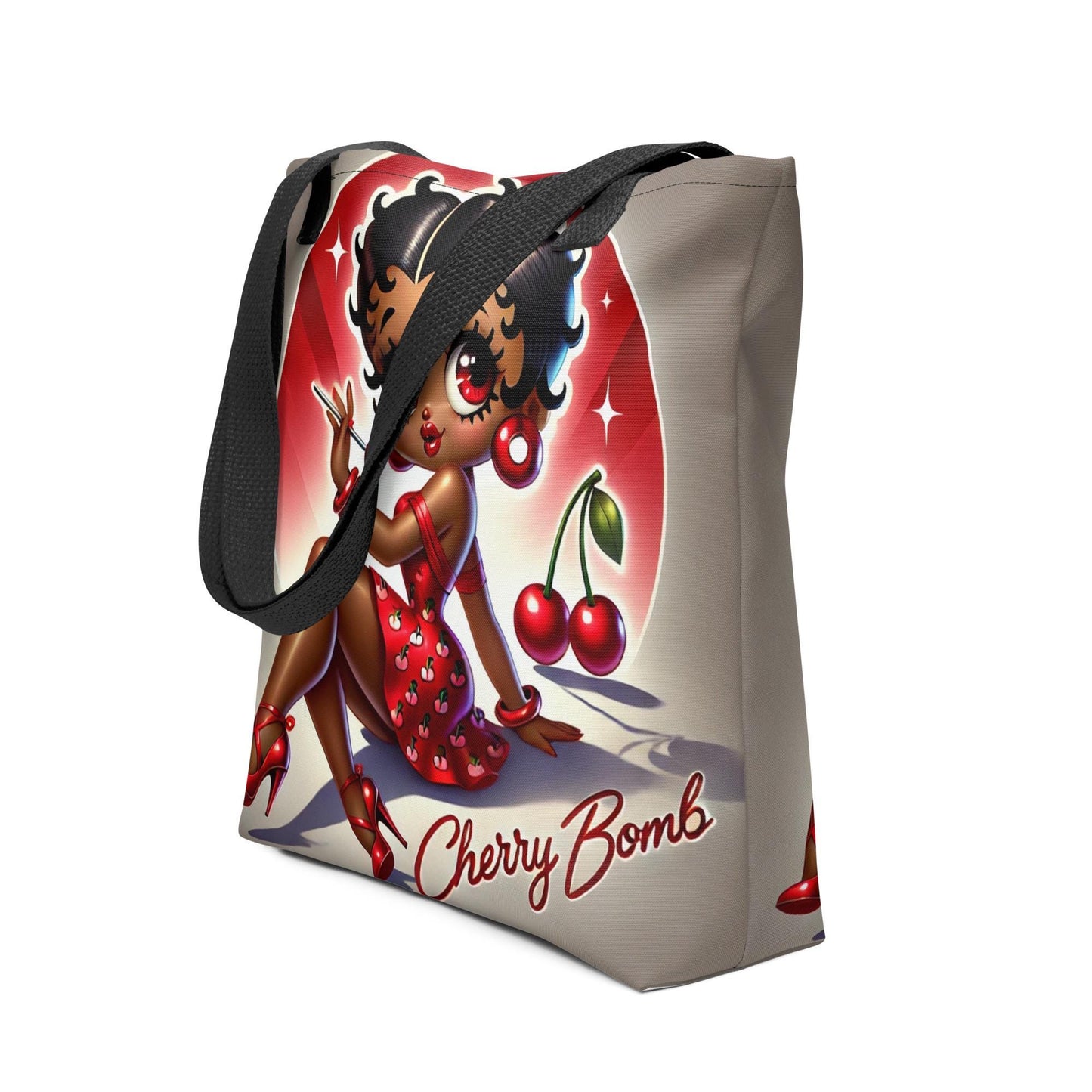 Black Betty Boop Inspired Cherry Bomb Pin-Up Tote Bag | Retro Black Betty Boop Style with Cherries Heels & Attitude | Afrocentric Girl Bag