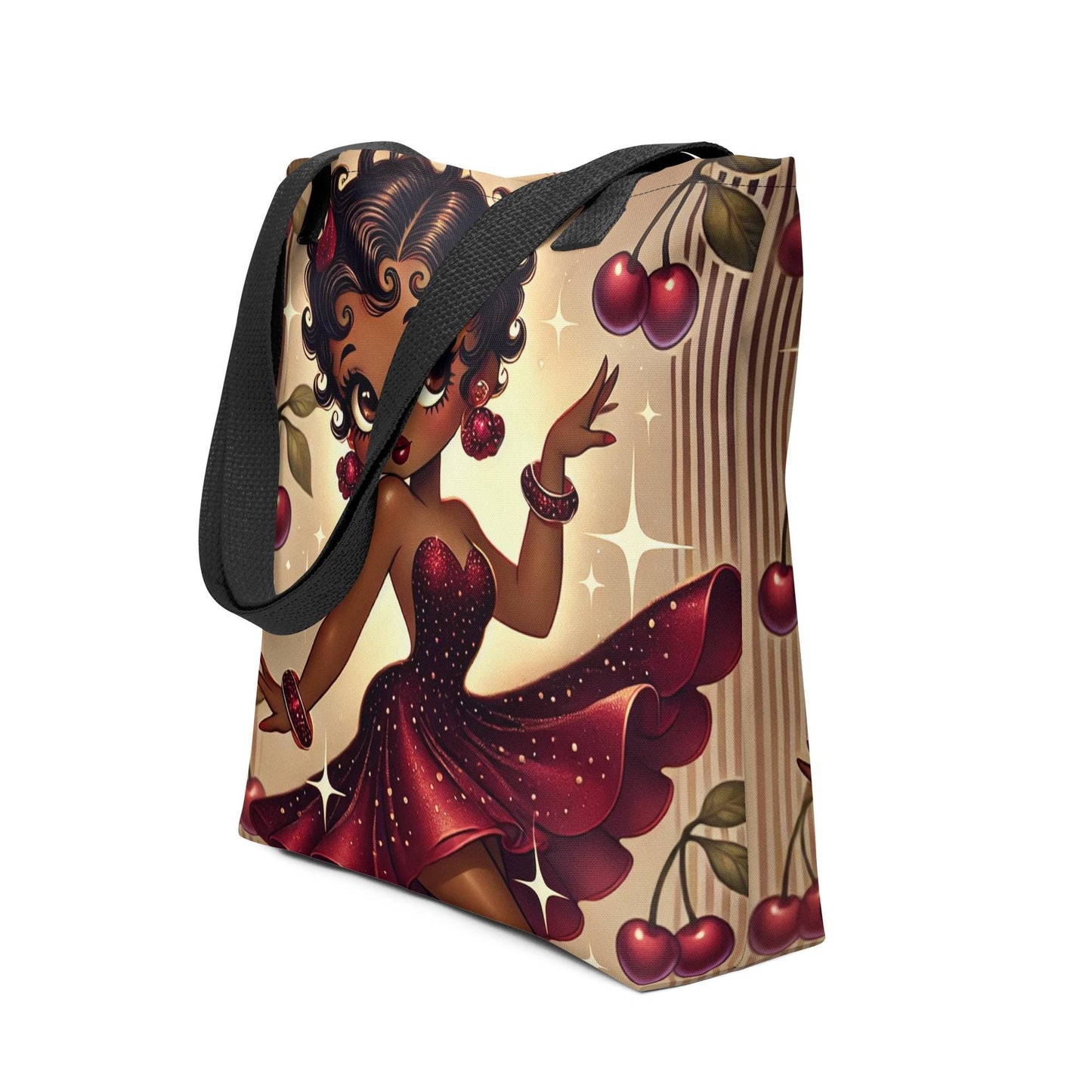 Melanin Beauty Dancing with Cherry Theme Tote bag | Beautiful Black Betty Boop Bag for Cherry and Betty Boop Lovers on a Durable Tote