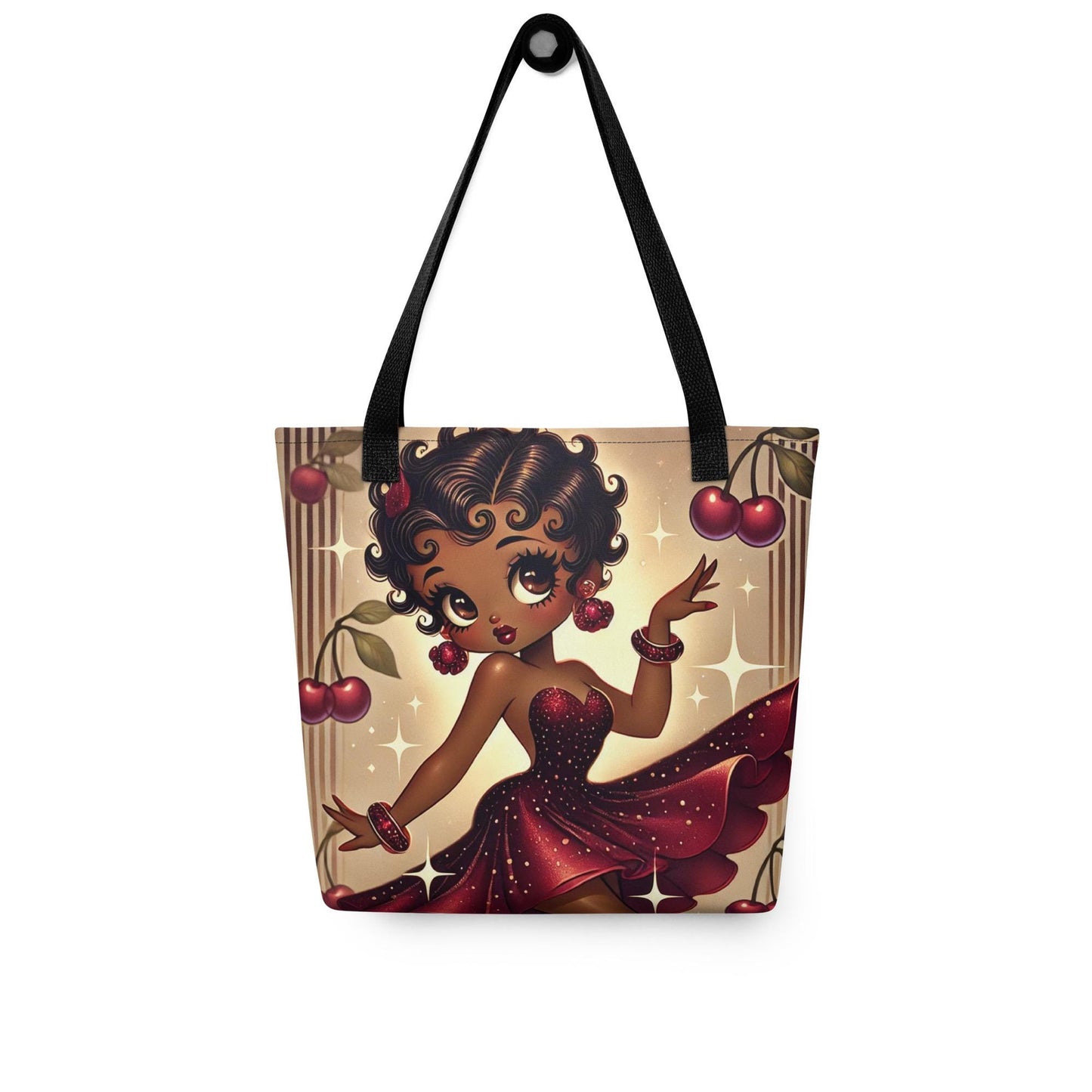 Melanin Beauty Dancing with Cherry Theme Tote bag | Beautiful Black Betty Boop Bag for Cherry and Betty Boop Lovers on a Durable Tote
