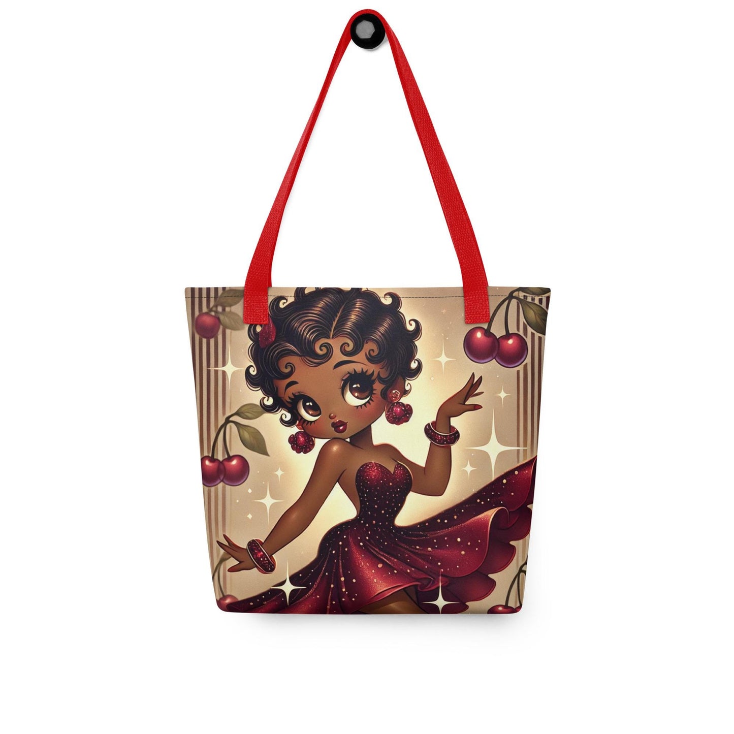 Melanin Beauty Dancing with Cherry Theme Tote bag | Beautiful Black Betty Boop Bag for Cherry and Betty Boop Lovers on a Durable Tote