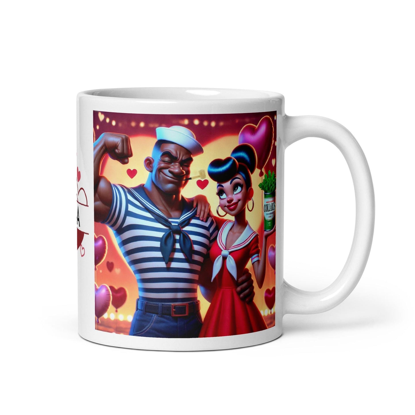 Valentine's White glossy mug with African American Popeye and Olive Oyl like character| Cute Humorous Black Couple Mug with Personalization