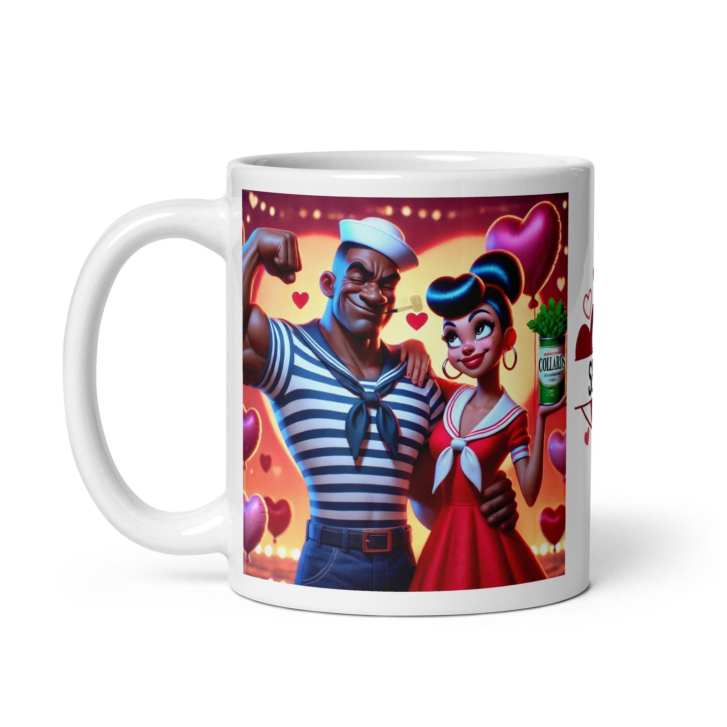 Valentine's White glossy mug with African American Popeye and Olive Oyl like character| Cute Humorous Black Couple Mug with Personalization