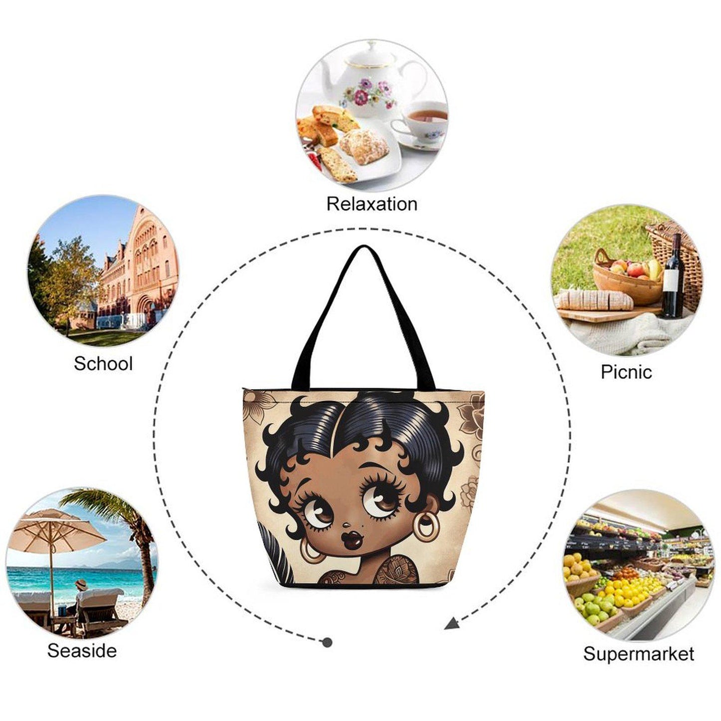 Vintage Earth Tone Melanin Beauty Betty Boop Character Tote Bag | Black Betty Boop Bag Popular Gift | Black Betty Boop Trending Bag