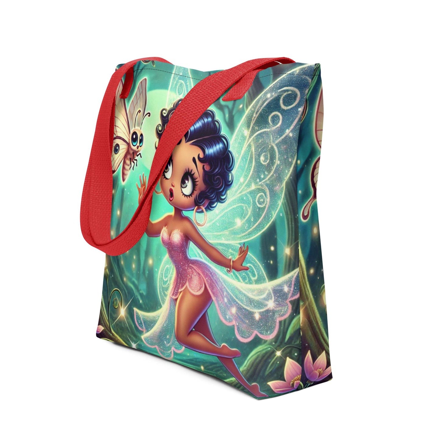 Beautiful Black Fairy in Pink Unique Tote| Black Fairy in Mythical Forest with Lunar Moth Tote bag | Black Girl Fantasy Art