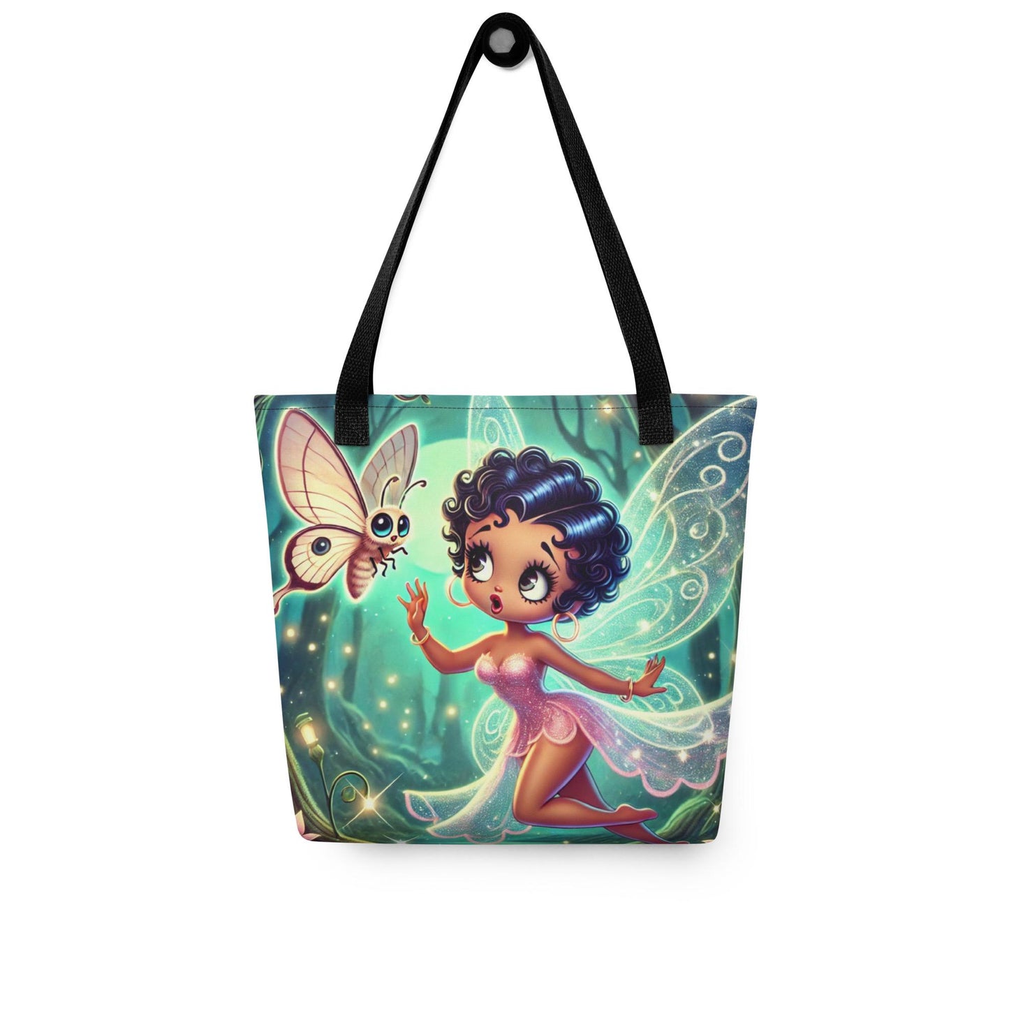 Beautiful Black Fairy in Pink Unique Tote| Black Fairy in Mythical Forest with Lunar Moth Tote bag | Black Girl Fantasy Art