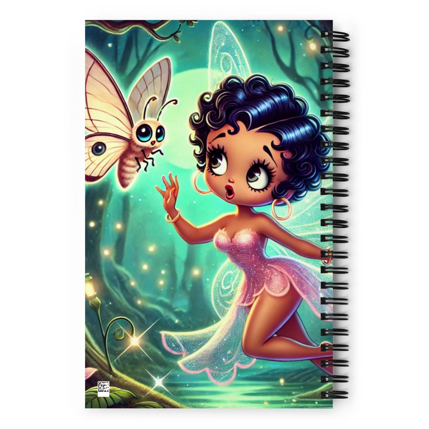 Beautiful Black Fairy in Pink Unique Spiral notebook| Black Fairy in Mythical Forest with Lunar Moth Notebook