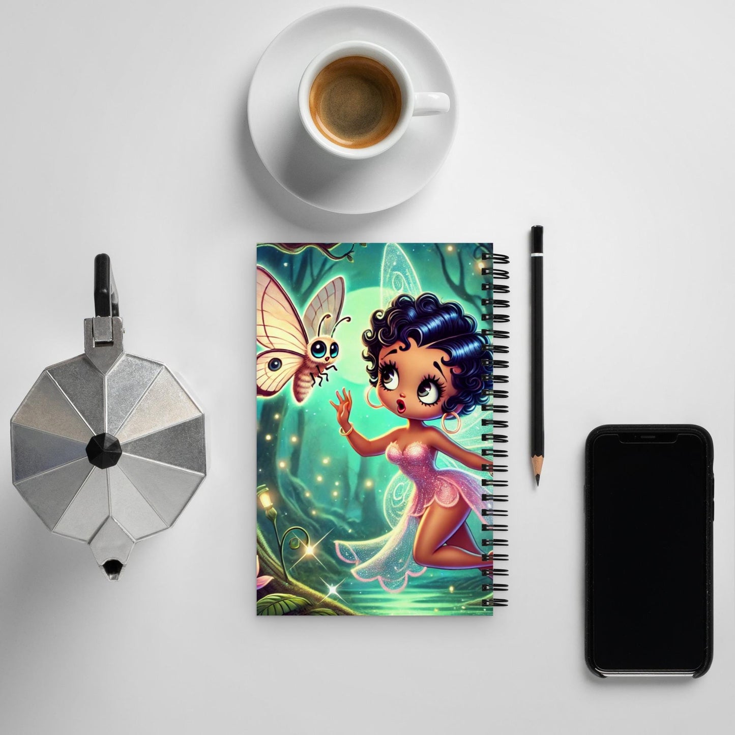 Beautiful Black Fairy in Pink Unique Spiral notebook| Black Fairy in Mythical Forest with Lunar Moth Notebook