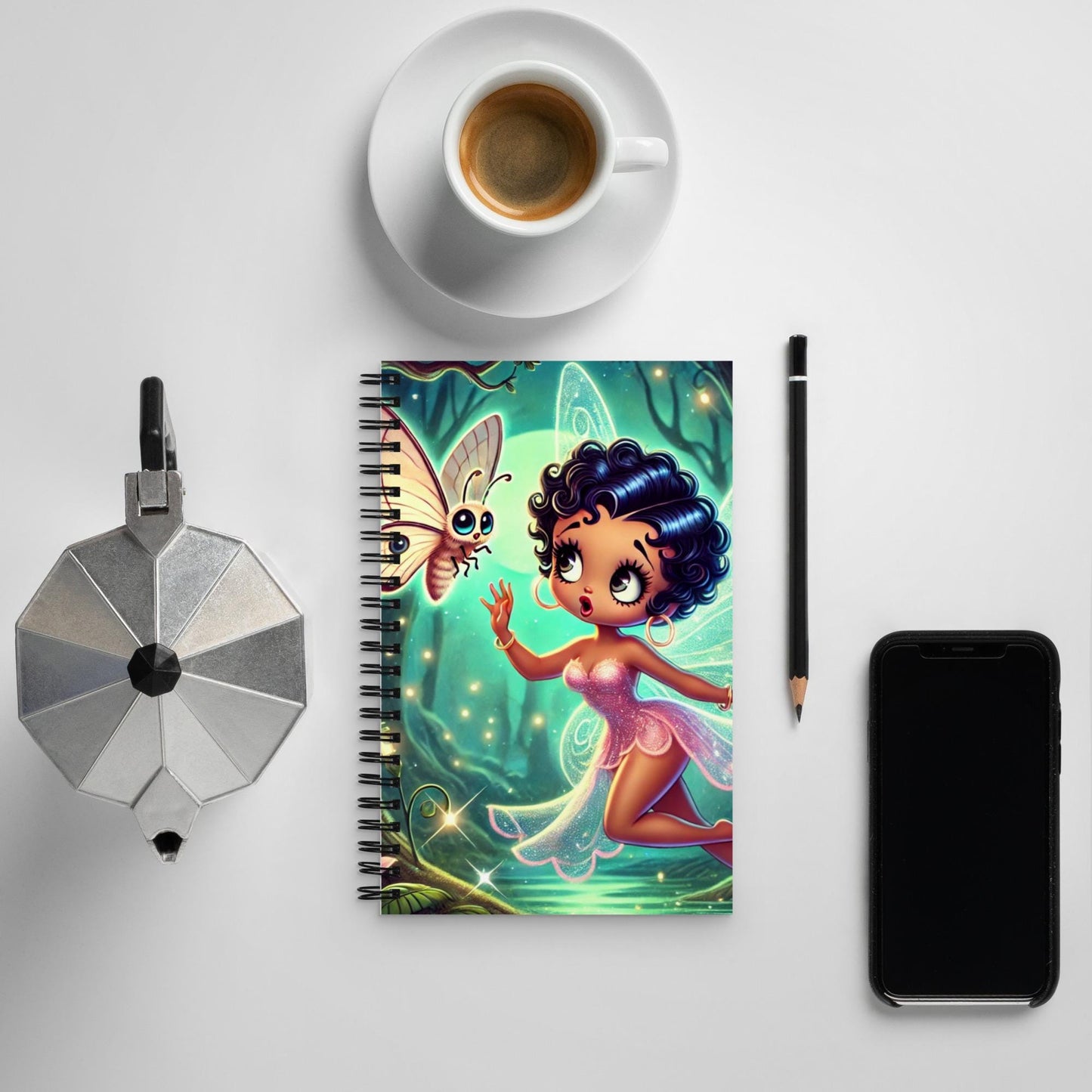 Beautiful Black Fairy in Pink Unique Spiral notebook| Black Fairy in Mythical Forest with Lunar Moth Notebook