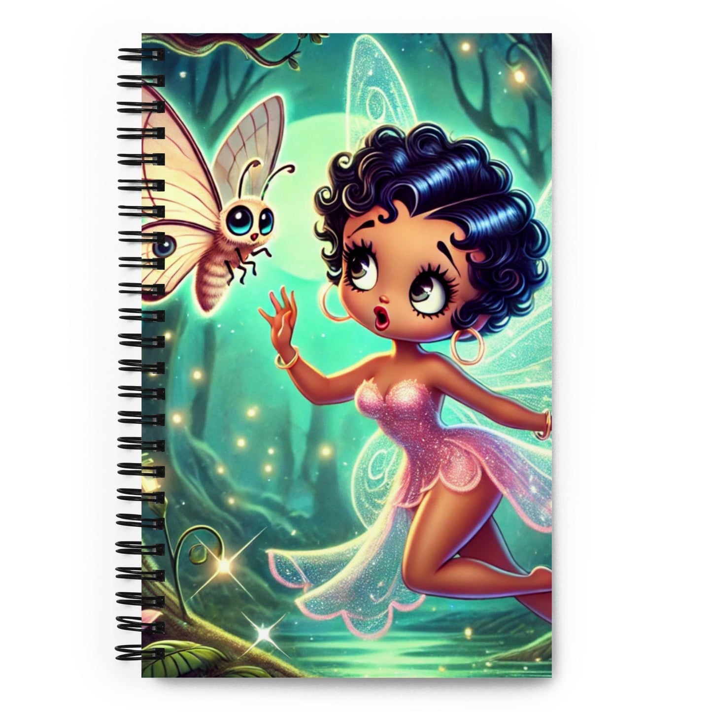 Beautiful Black Fairy in Pink Unique Spiral notebook| Black Fairy in Mythical Forest with Lunar Moth Notebook