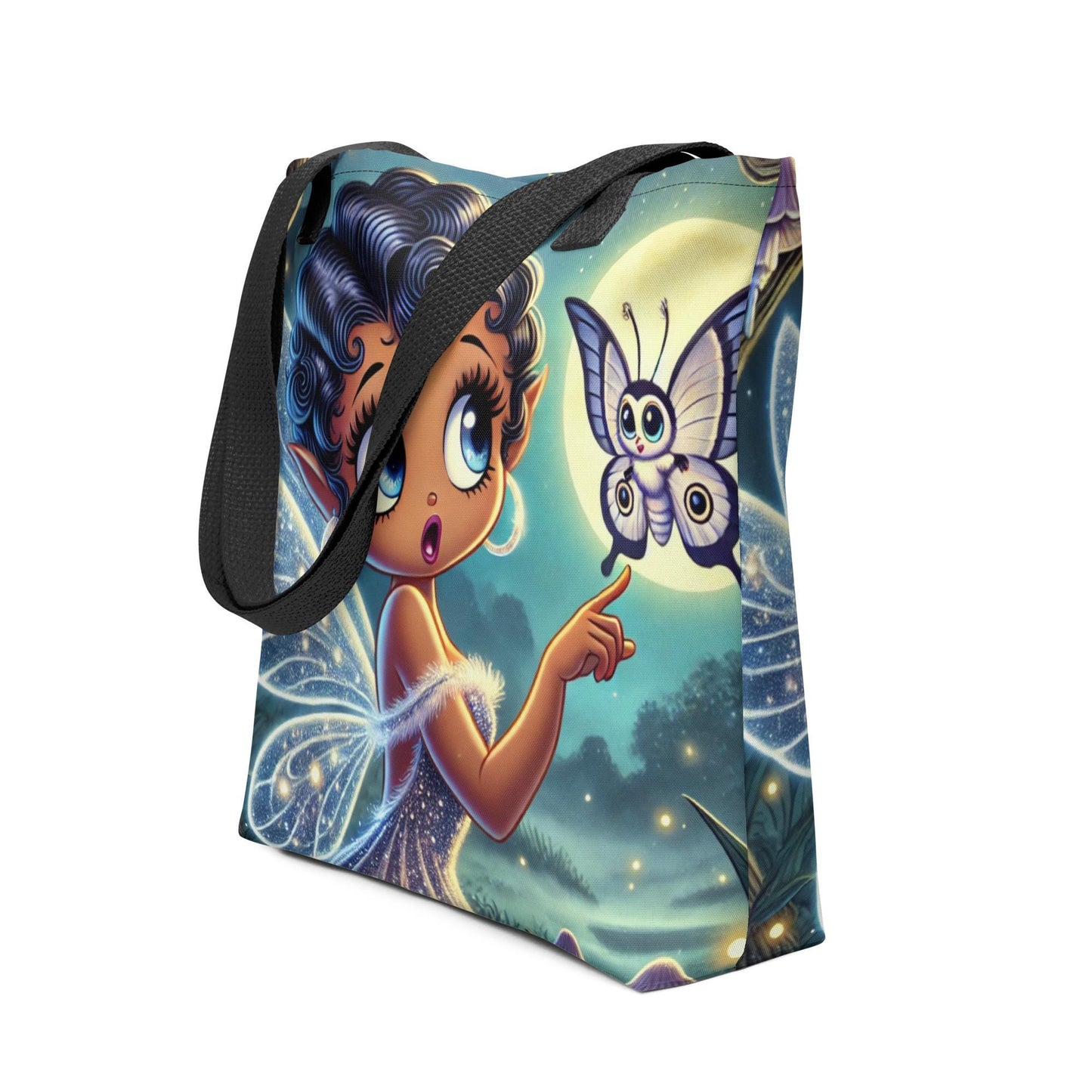 Beautiful Black Fairy in Purple Unique Tote| Black Fairy in Mythical Forest with Lunar Moth Tote bag