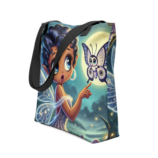 Beautiful Black Fairy in Purple Unique Tote| Black Fairy in Mythical Forest with Lunar Moth Tote bag