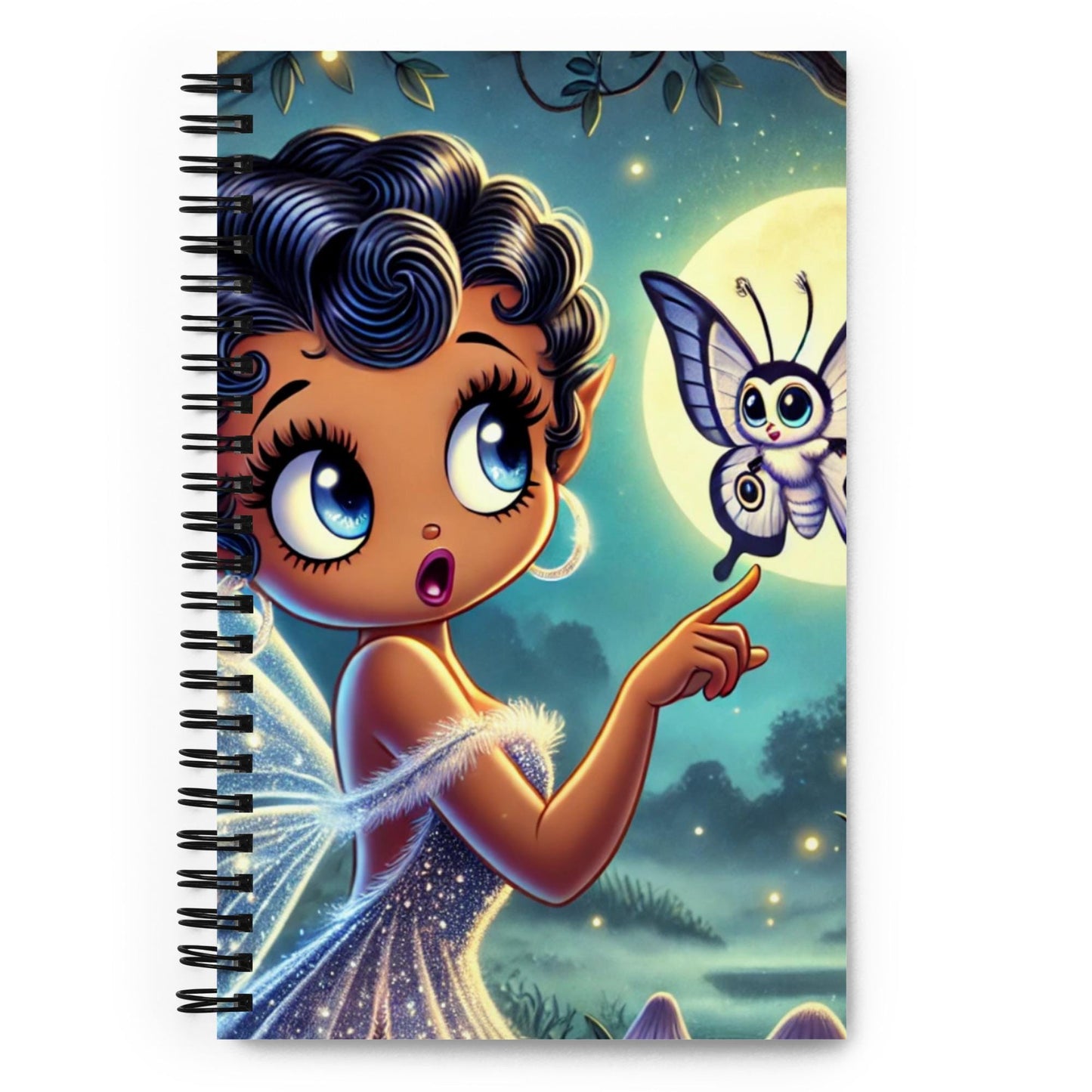 Beautiful Black Fairy in Purple Unique Spiral Notebook | Black Fairy in Mythical Forest with Lunar Moth Spiral Notebook