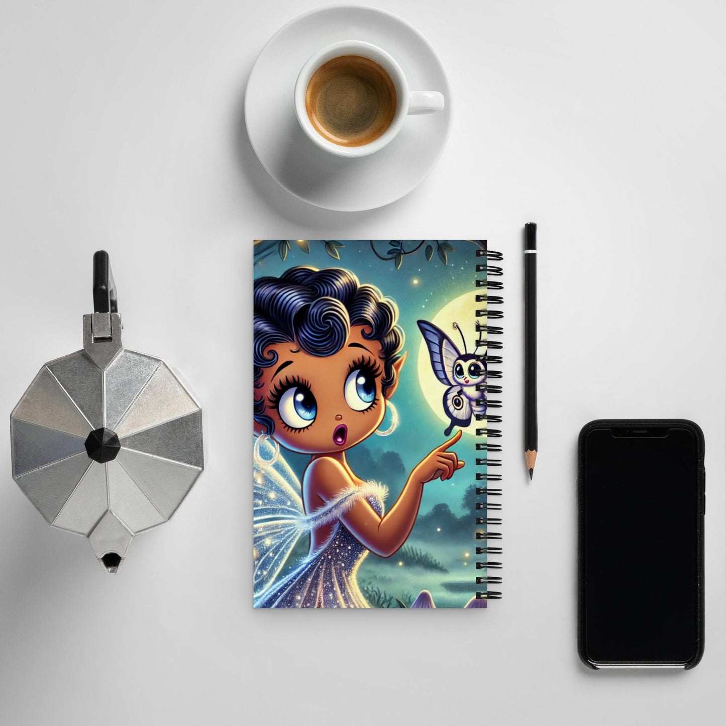 Beautiful Black Fairy in Purple Unique Spiral Notebook | Black Fairy in Mythical Forest with Lunar Moth Spiral Notebook