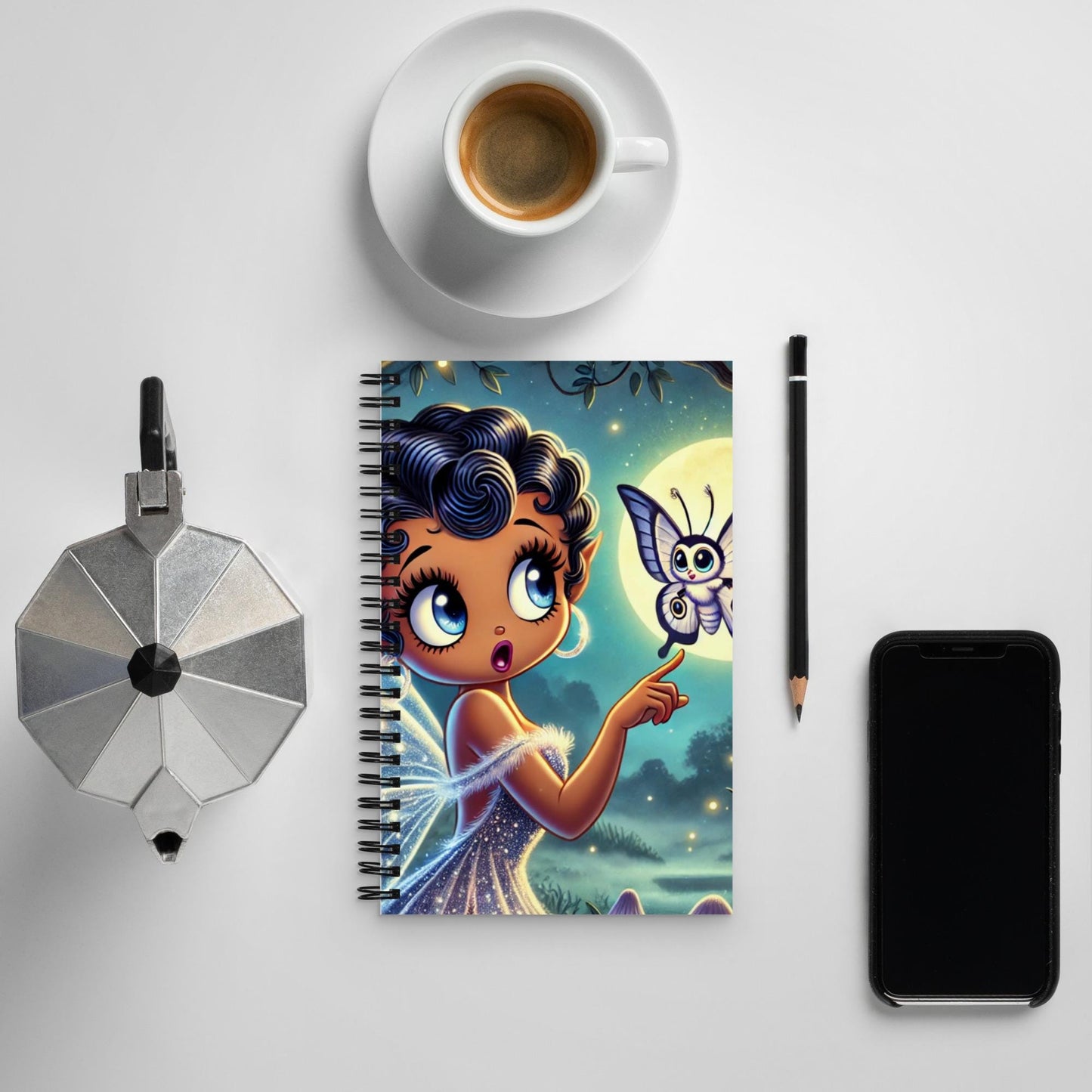 Beautiful Black Fairy in Purple Unique Spiral Notebook | Black Fairy in Mythical Forest with Lunar Moth Spiral Notebook