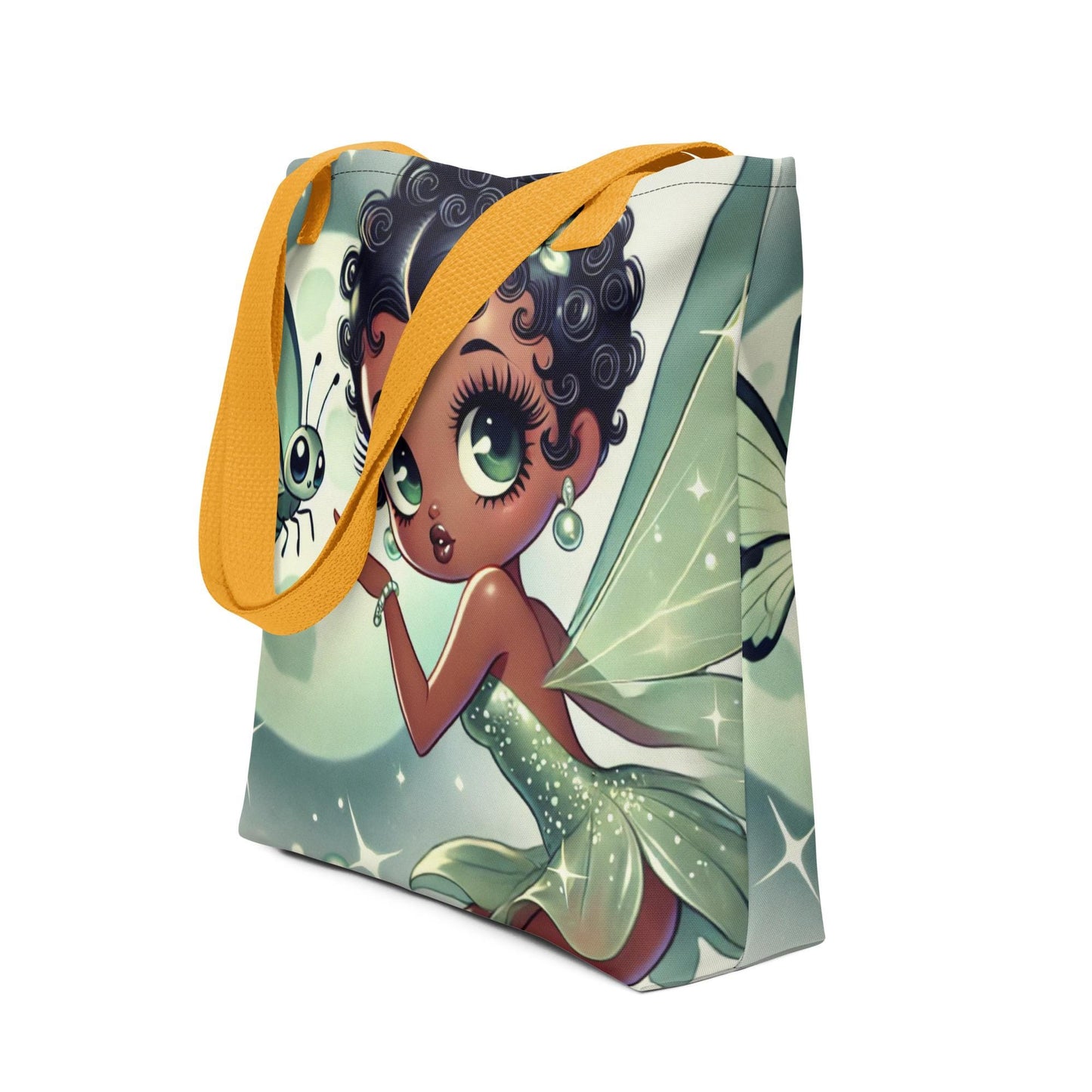 Beautiful Black Fairy in Green Unique Durable Tote | Black Fairy in Green Mist Mythical Forest with Lunar Moth Bag