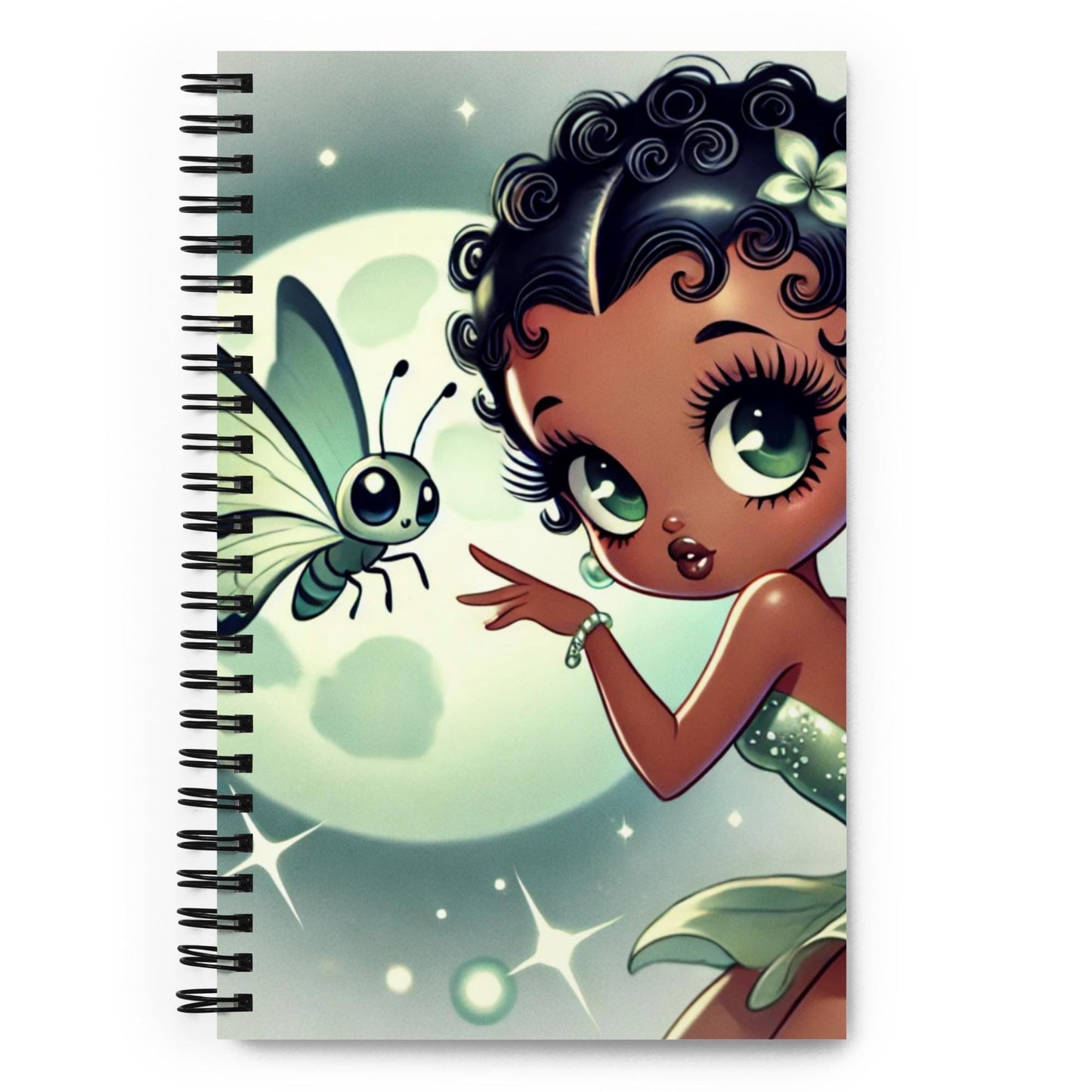 Beautiful Black Fairy in Green Unique Spiral Notebook | Black Fairy in Green Mist Mythical Forest with Lunar Moth Journal