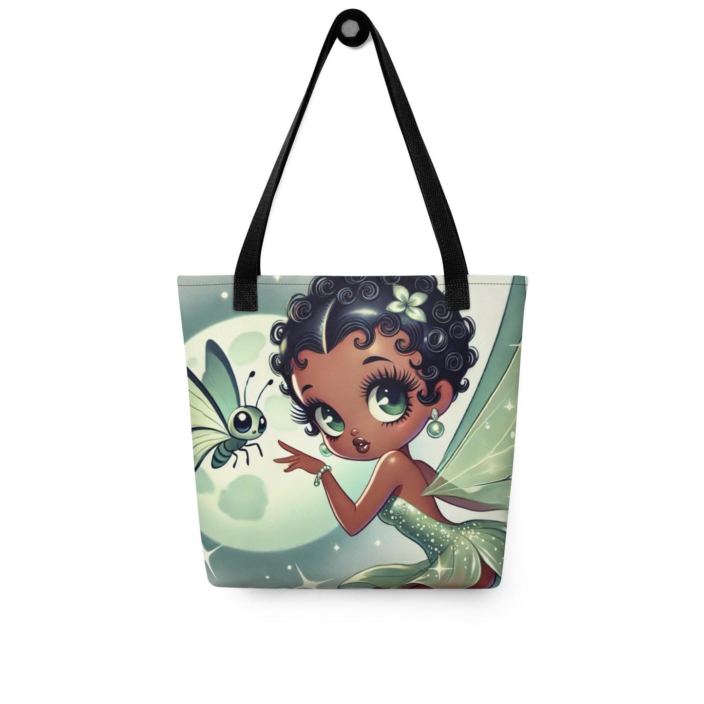 Beautiful Black Fairy in Green Unique Durable Tote | Black Fairy in Green Mist Mythical Forest with Lunar Moth Bag
