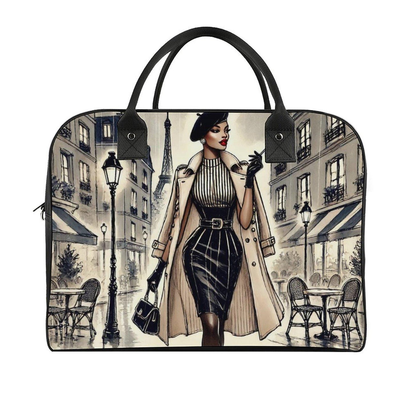 Chic Parisian Travel Bag| Black Woman Travel Bag | Beautiful Parisian Design Travel Bag featuring Sophisticated African American Woman