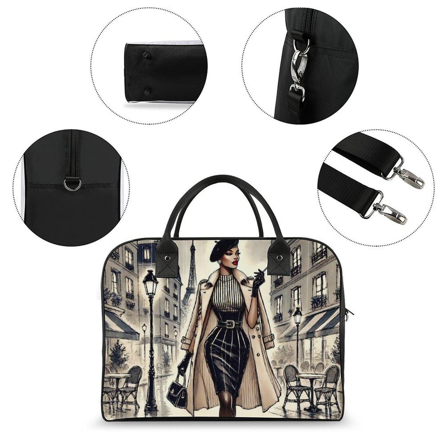 Chic Parisian Travel Bag| Black Woman Travel Bag | Beautiful Parisian Design Travel Bag featuring Sophisticated African American Woman