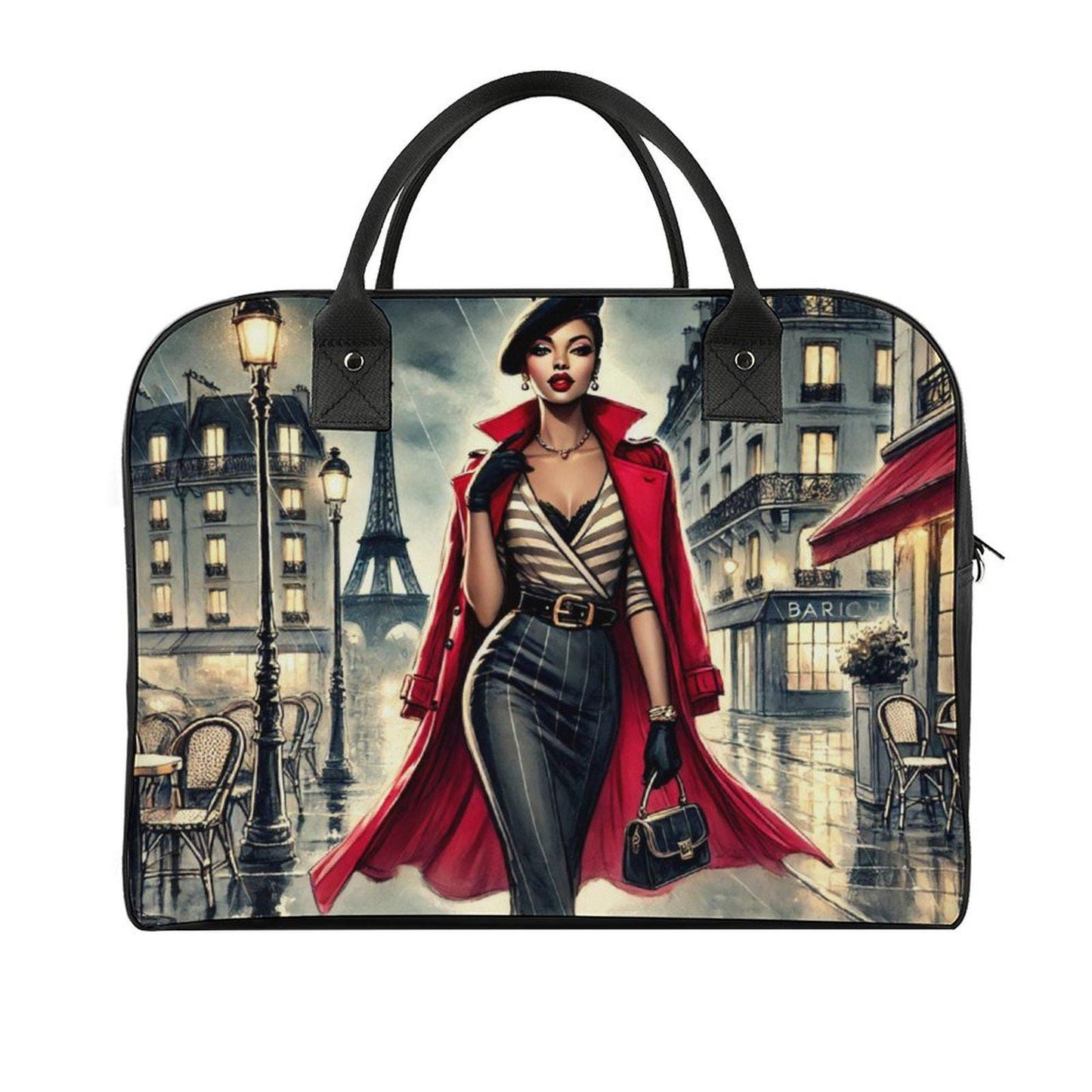 Chic Parisian Night with Travel Bag| Black Woman Travel Bag | Beautiful Parisian Travel Bag featuring Sophisticated African American Woman