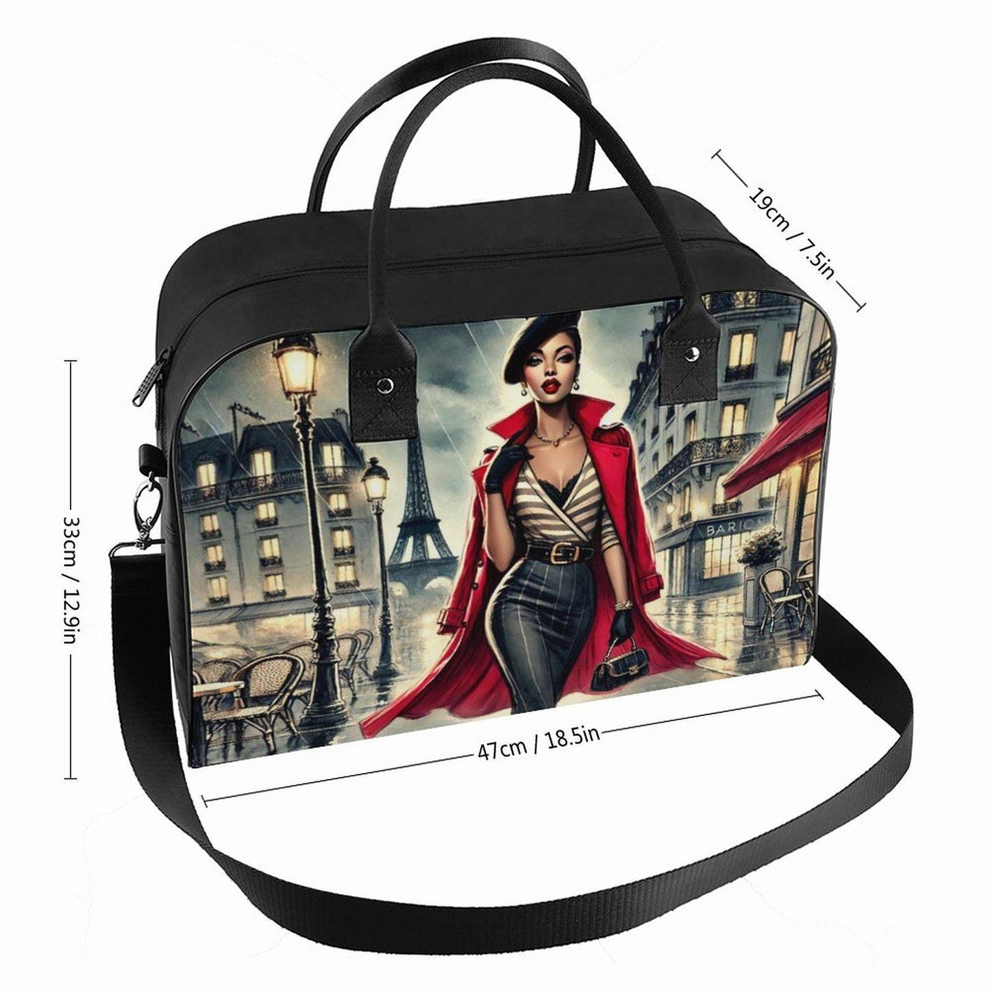 Chic Parisian Night with Travel Bag| Black Woman Travel Bag | Beautiful Parisian Travel Bag featuring Sophisticated African American Woman