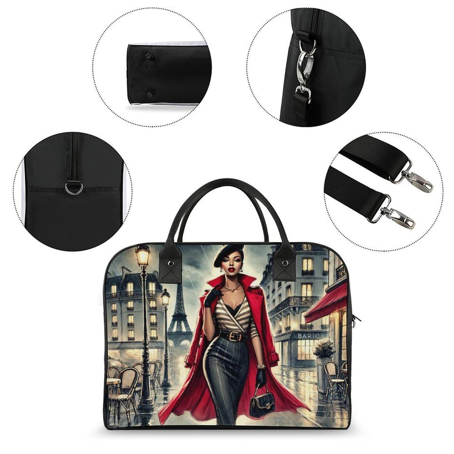 Chic Parisian Night with Travel Bag| Black Woman Travel Bag | Beautiful Parisian Travel Bag featuring Sophisticated African American Woman