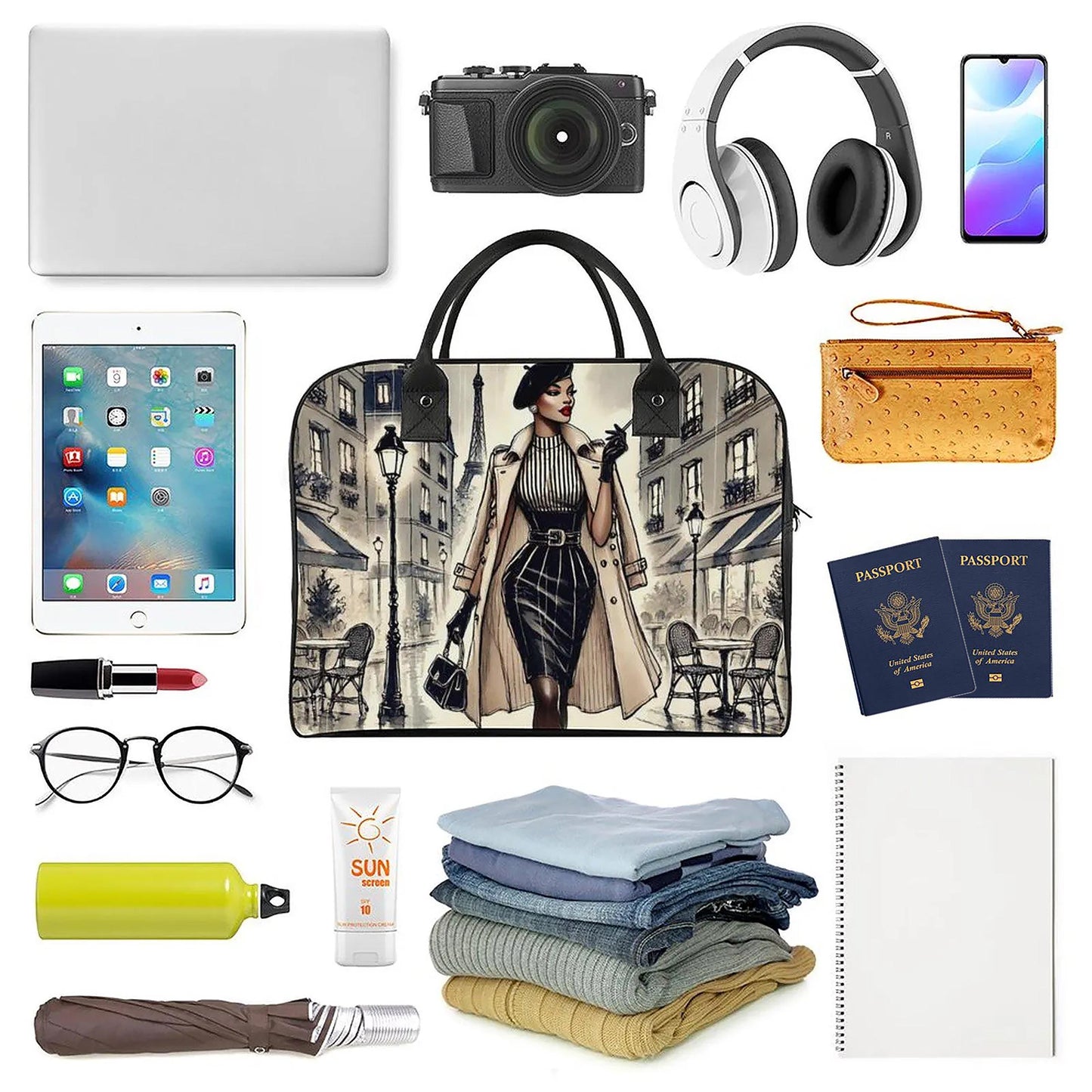 Chic Parisian Travel Bag| Black Woman Travel Bag | Beautiful Parisian Design Travel Bag featuring Sophisticated African American Woman