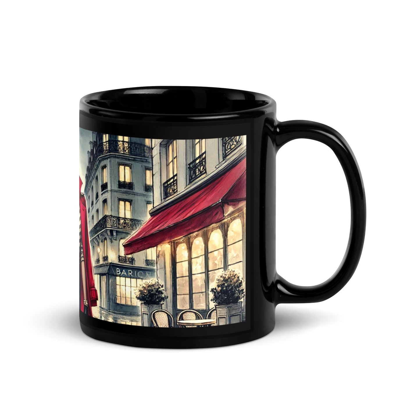 Chic Parisian Black Glossy Mug, Stylish Mug for Fashion Lovers, Gift for Coffee Lovers, Vintage Fashion Mug featuring African American Woman