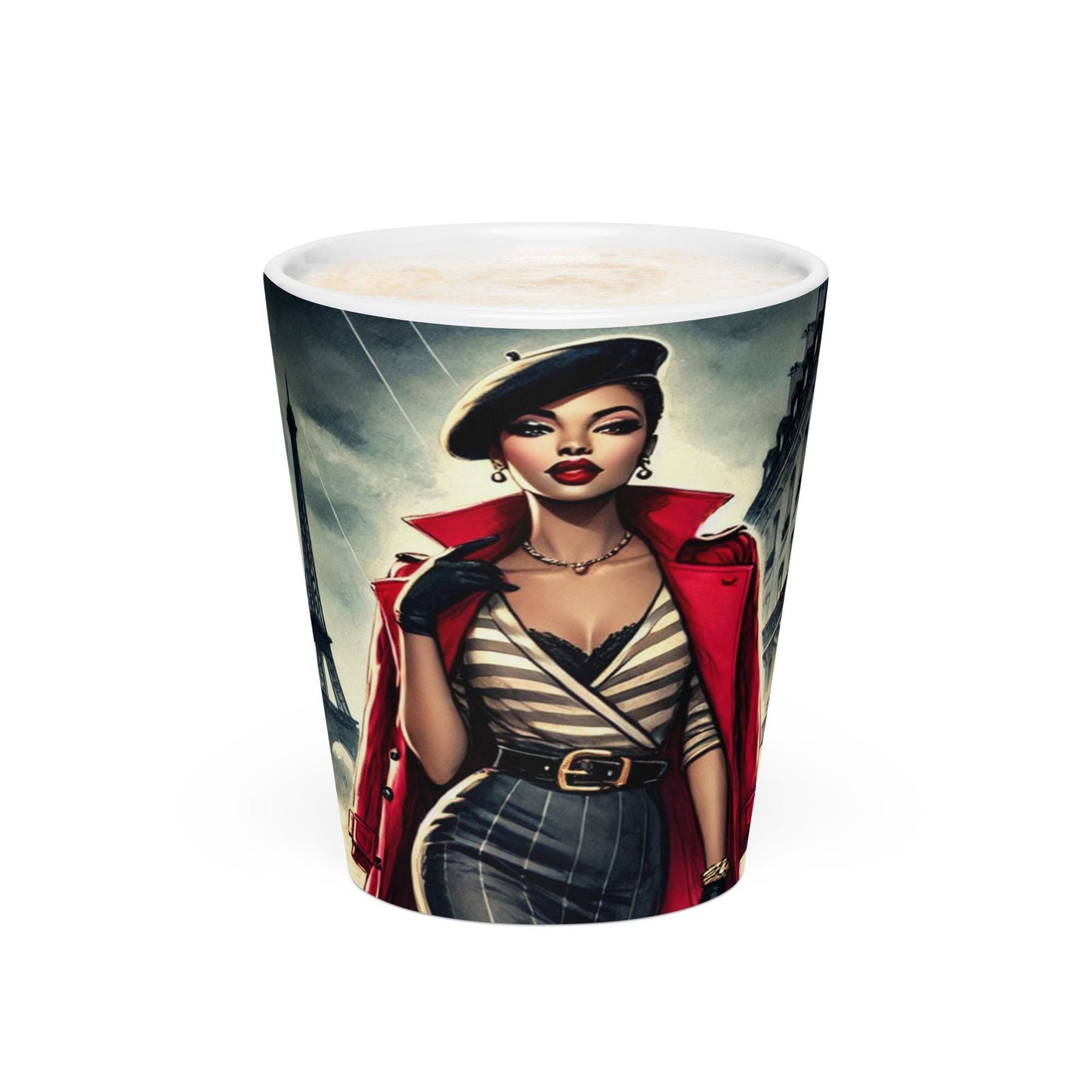 Chic Parisian Night Latte Mug, Stylish Mug for Fashion Lovers, Gift for Coffee Lovers, Vintage Fashion Mug featuring African American Woman