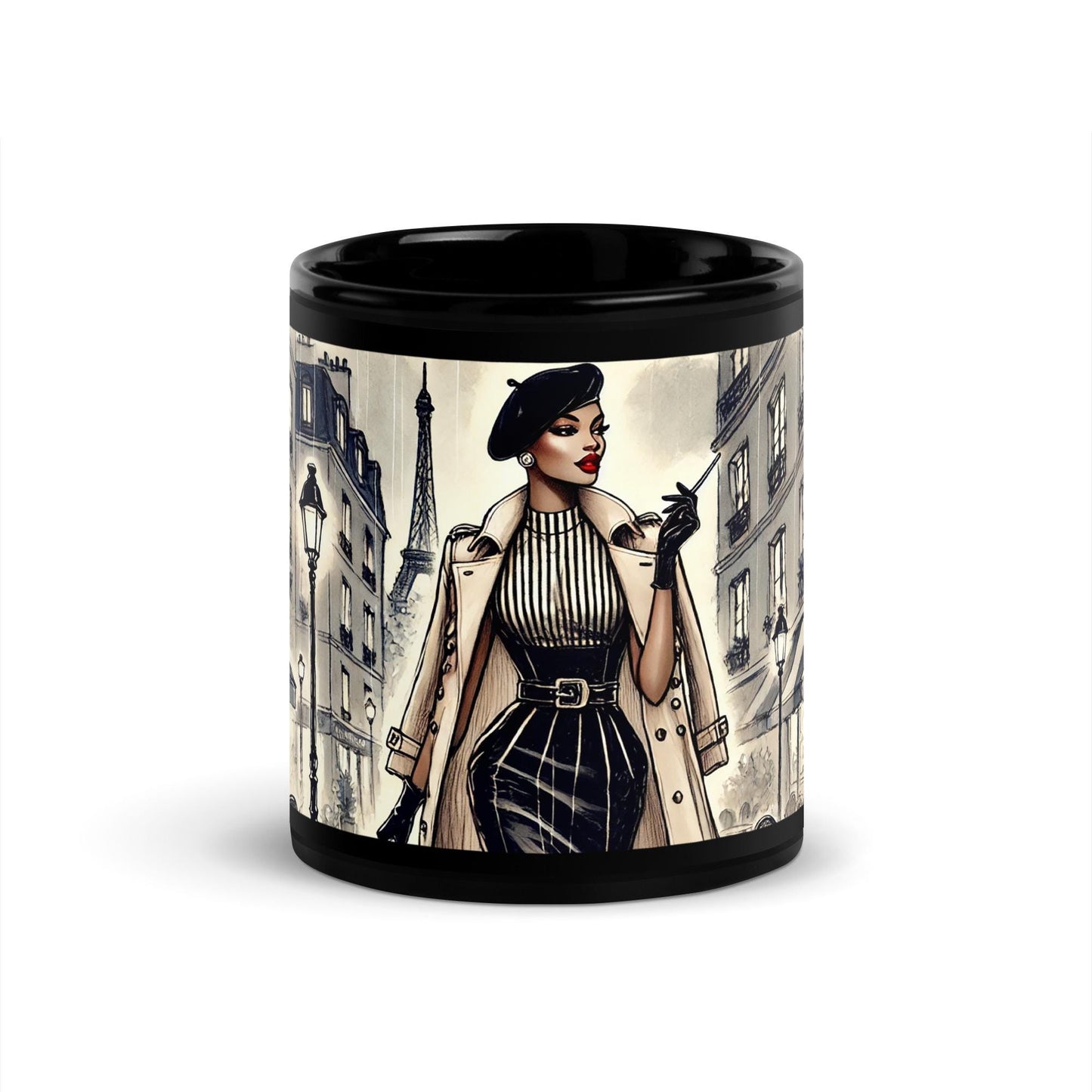 Chic Parisian Black Glossy Mug, Luxurious Designed Mug, Gift for Coffee Lovers , Vintage Black Gloss Coffee Mug with African American woman