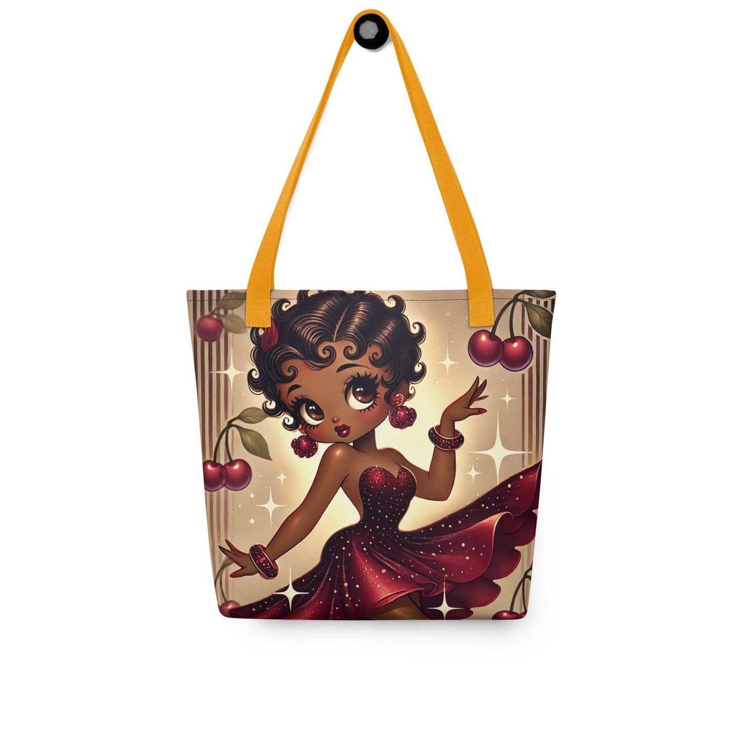 Melanin Beauty Dancing with Cherry Theme Tote bag | Beautiful Black Betty Boop Bag for Cherry and Betty Boop Lovers on a Durable Tote