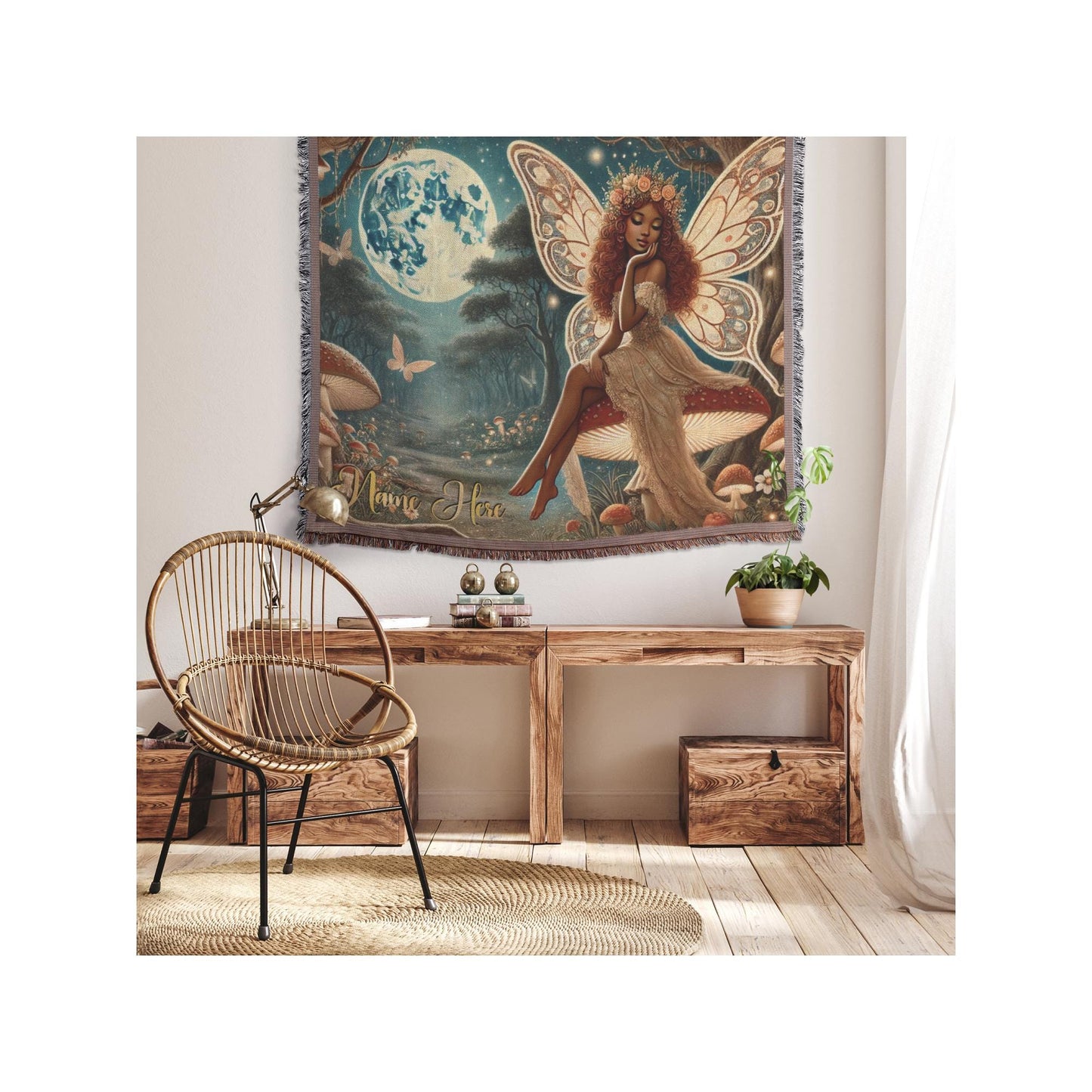 Personalized African American Forest Fairy Woven Blanket | Great Gift for a Black Woman Mythical Fantasy Lover | Red Head Black Girl Fairy