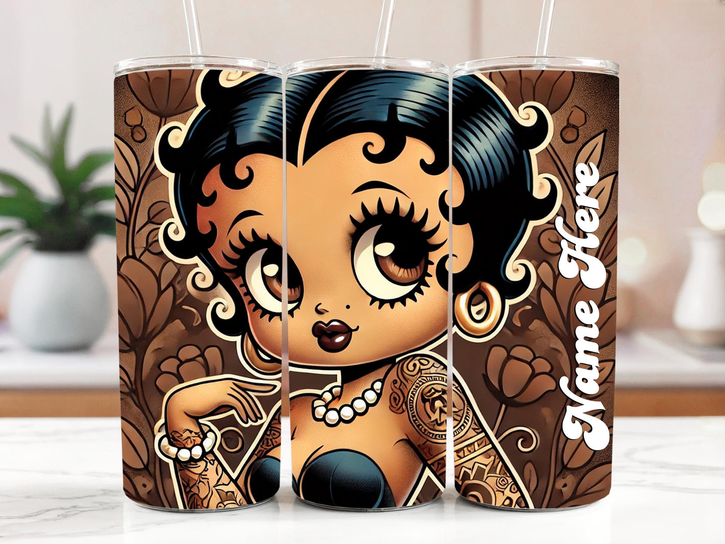 Vintage Earth Tone Black Betty Boop Personalized 20 oz Tumbler | Black Betty Boop Skinny Tumbler | Black Betty Boop Drinkware Gift for Her