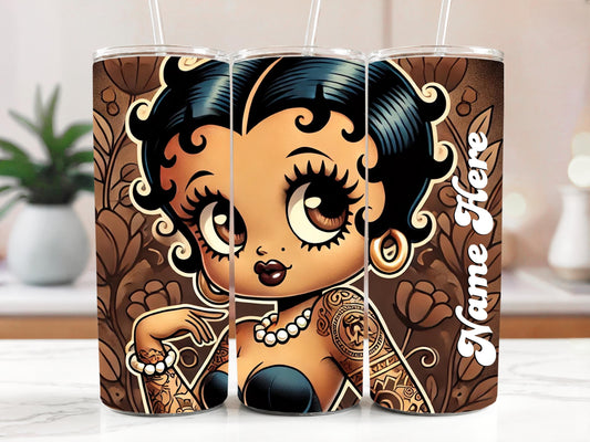 Vintage Earth Tone Black Betty Boop Personalized 20 oz Tumbler | Black Betty Boop Skinny Tumbler | Black Betty Boop Drinkware Gift for Her