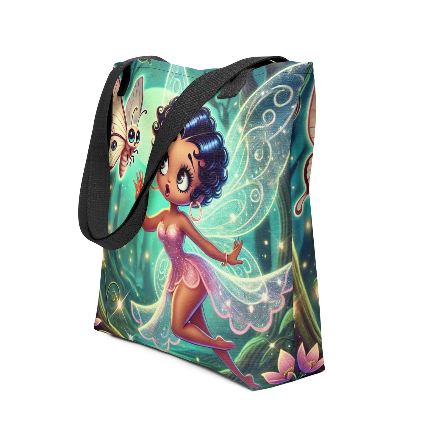Beautiful Black Fairy in Pink Unique Tote| Black Fairy in Mythical Forest with Lunar Moth Tote bag | Black Girl Fantasy Art