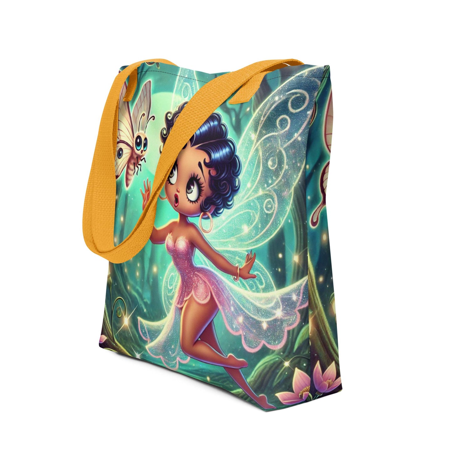 Beautiful Black Fairy in Pink Unique Tote| Black Fairy in Mythical Forest with Lunar Moth Tote bag | Black Girl Fantasy Art