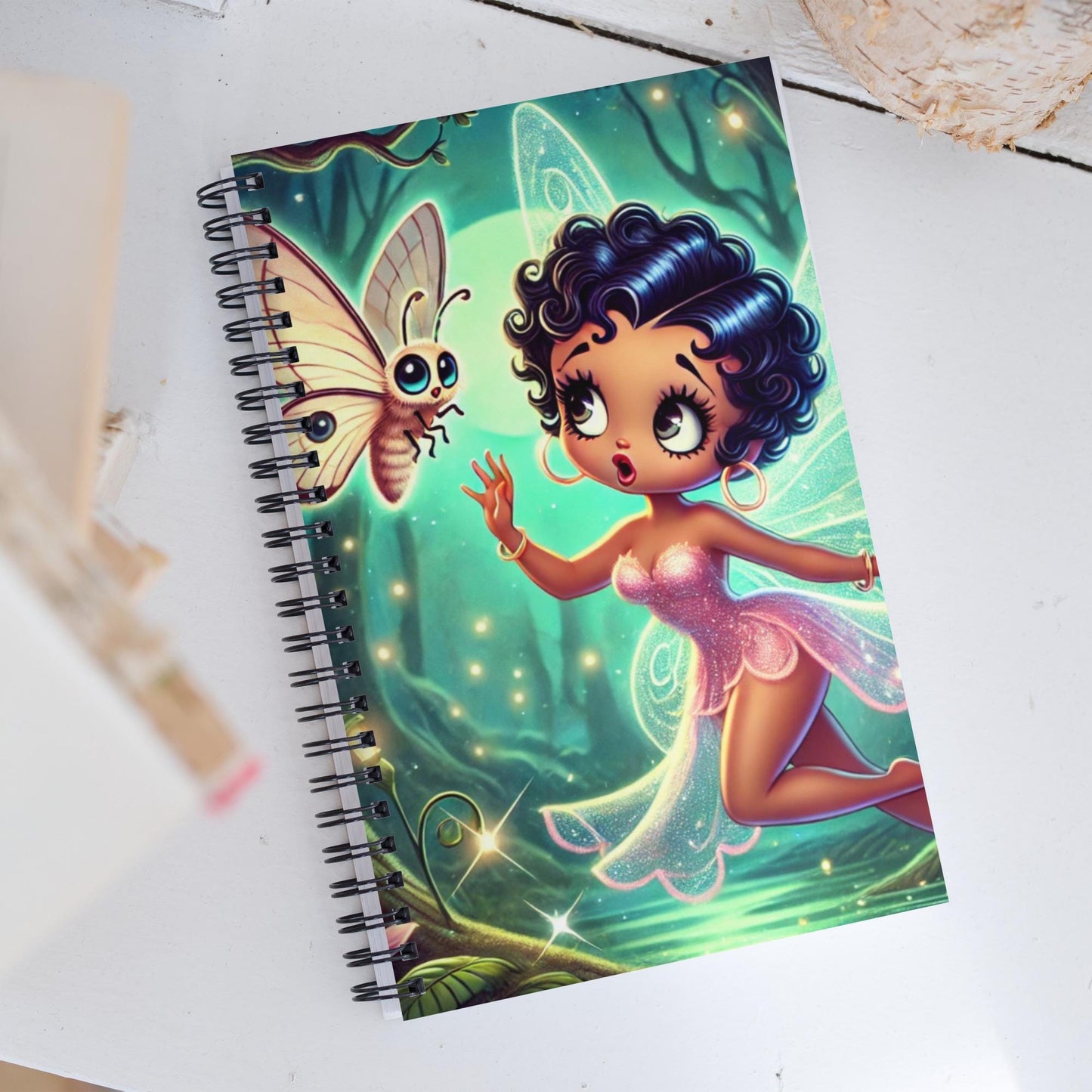 Beautiful Black Fairy in Pink Unique Spiral notebook| Black Fairy in Mythical Forest with Lunar Moth Notebook