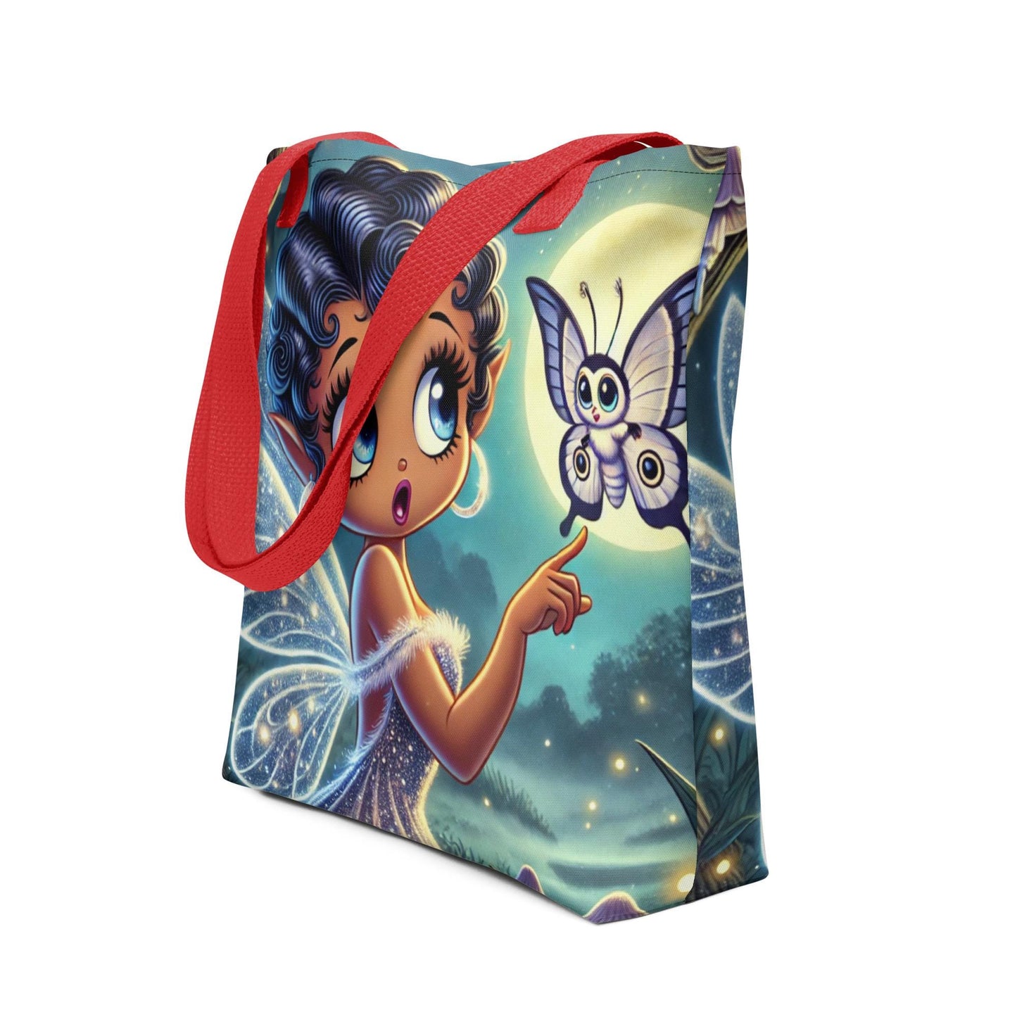 Beautiful Black Fairy in Purple Unique Tote| Black Fairy in Mythical Forest with Lunar Moth Tote bag