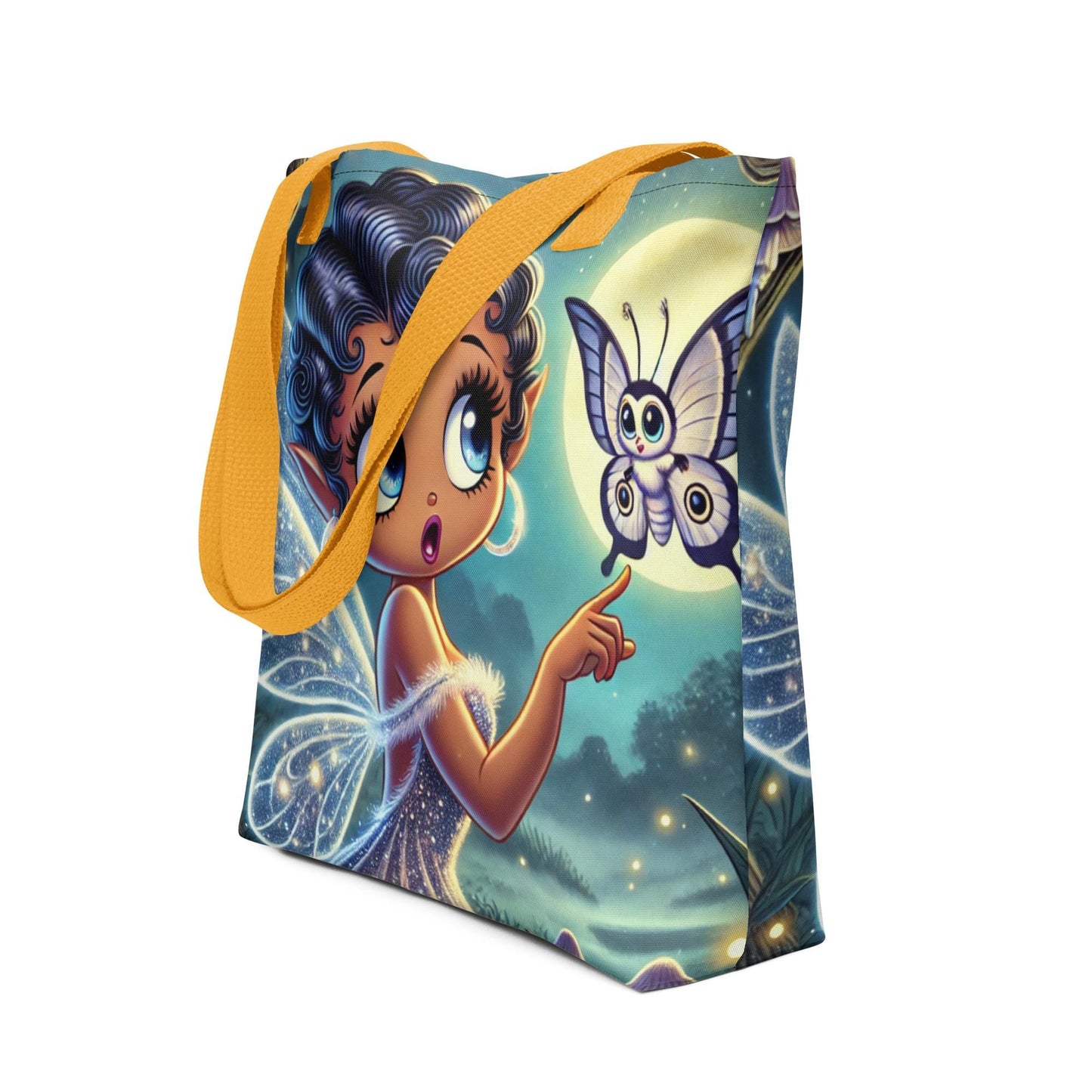 Beautiful Black Fairy in Purple Unique Tote| Black Fairy in Mythical Forest with Lunar Moth Tote bag