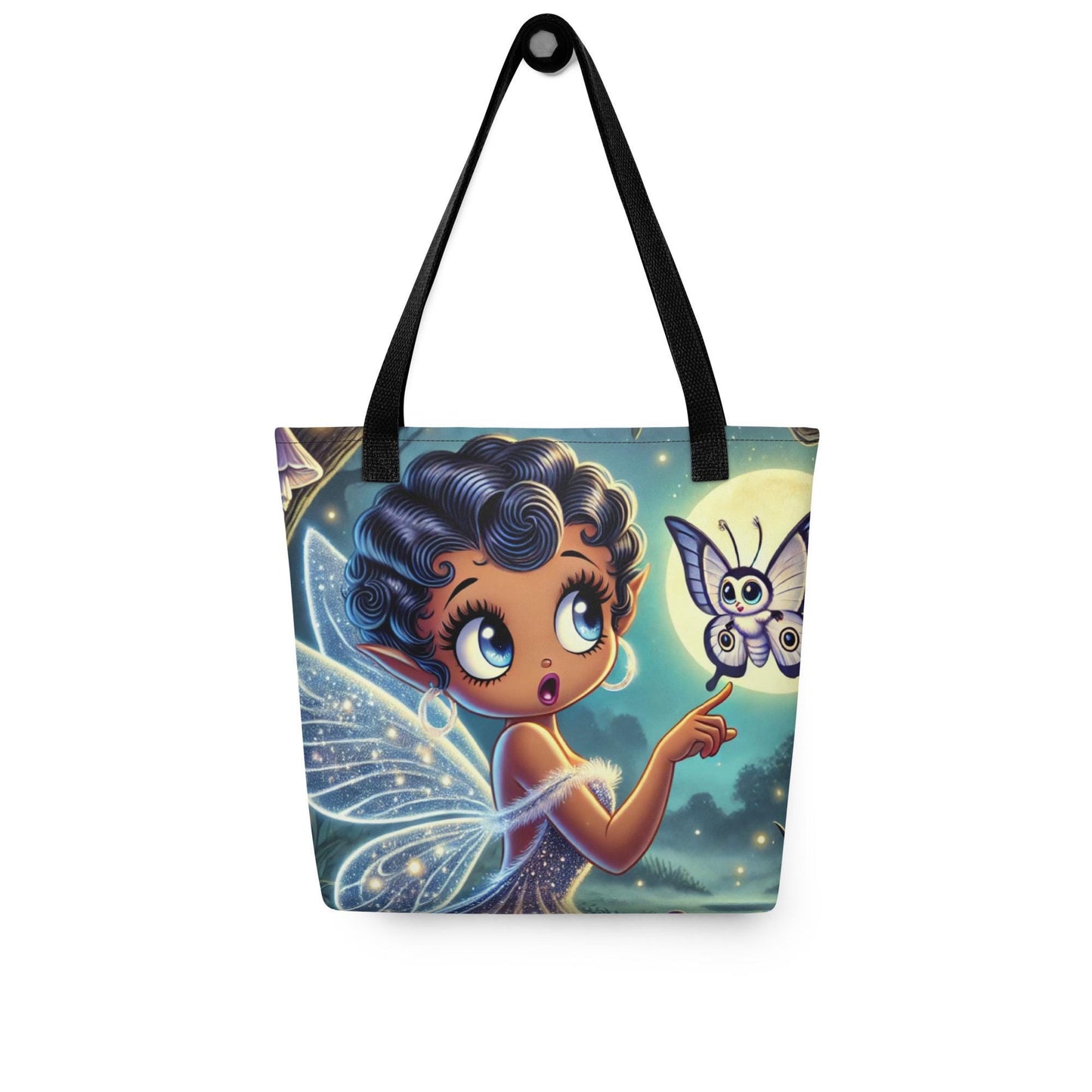 Beautiful Black Fairy in Purple Unique Tote| Black Fairy in Mythical Forest with Lunar Moth Tote bag