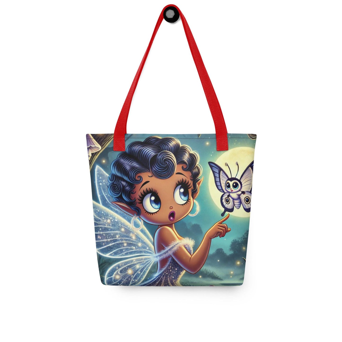 Beautiful Black Fairy in Purple Unique Tote| Black Fairy in Mythical Forest with Lunar Moth Tote bag