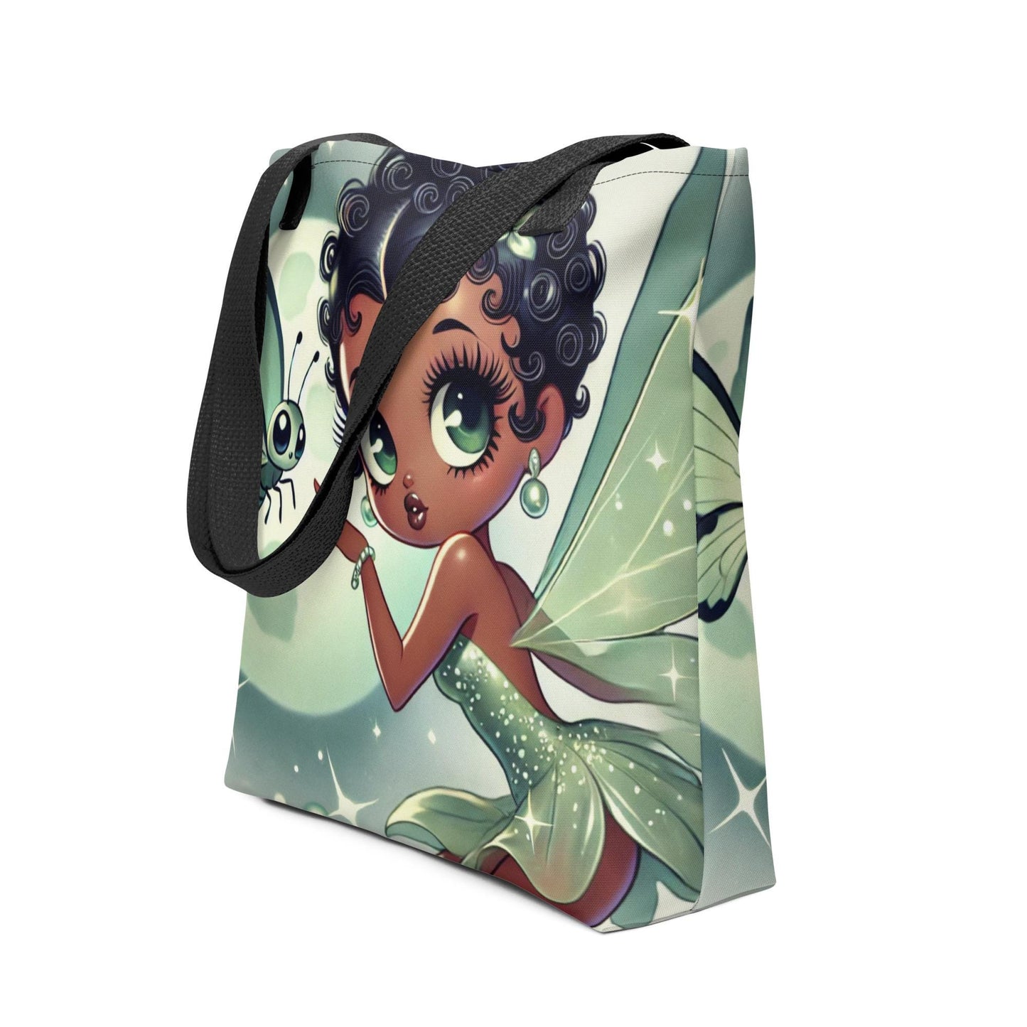 Beautiful Black Fairy in Green Unique Durable Tote | Black Fairy in Green Mist Mythical Forest with Lunar Moth Bag